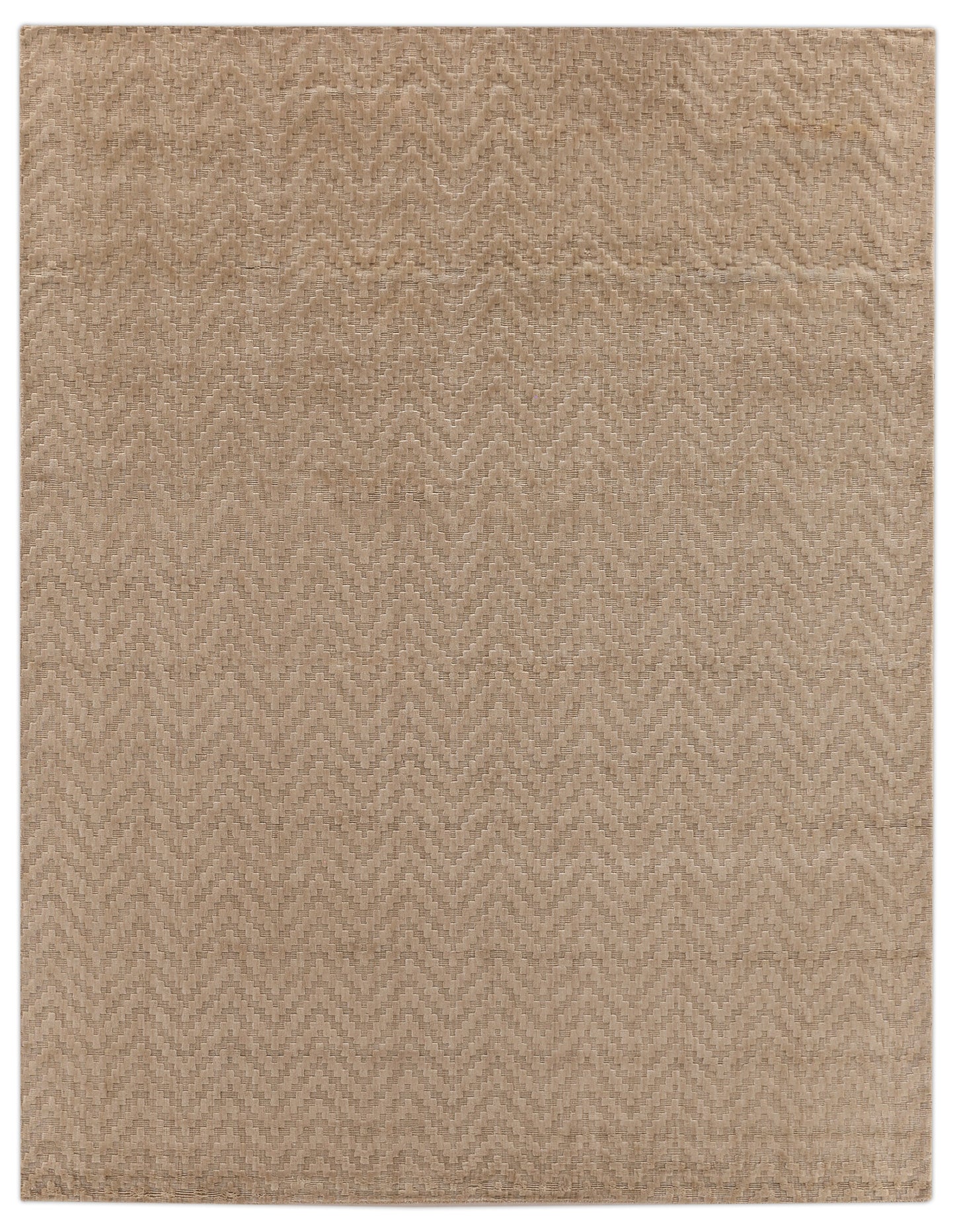 Tan woven area rug featuring a subtle chevron pattern, adding a textured and warm aesthetic to any space.