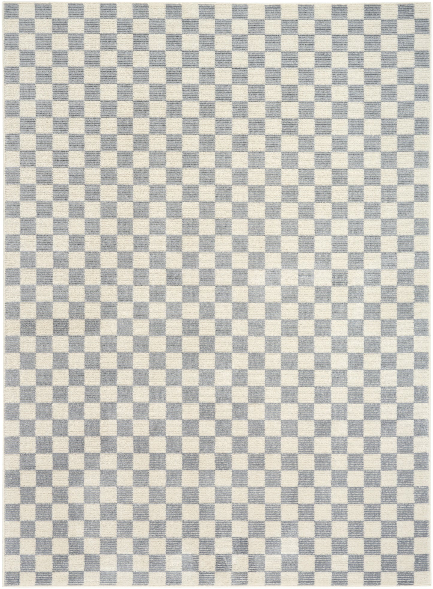 Blue and ivory checkerboard woven rug with a subtle texture, rectangular and modern.