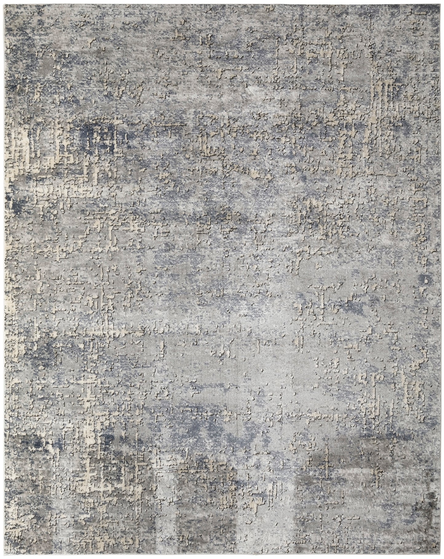 Muted gray-blue abstract distressed rug with ivory beige accents; textured, modern living room decor.