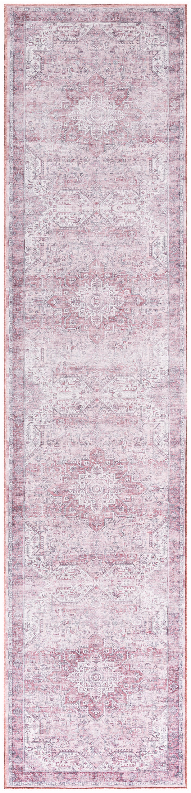 Pink distressed Persian rug runner with large floral medallions, soft pinks and ivory, ornate border.