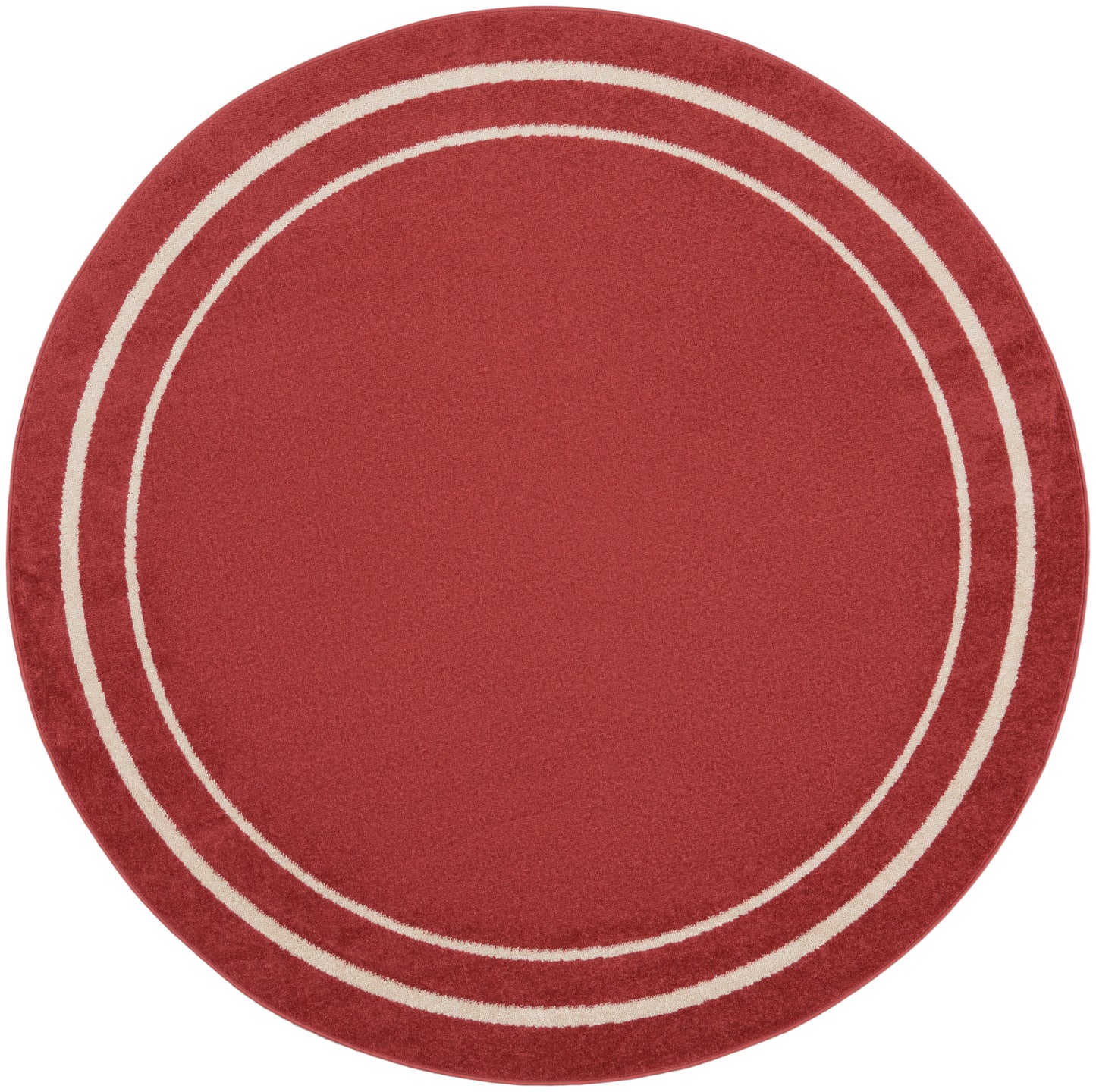 Round red rug with two cream concentric rings along the edge; soft plush texture, modern home decor.