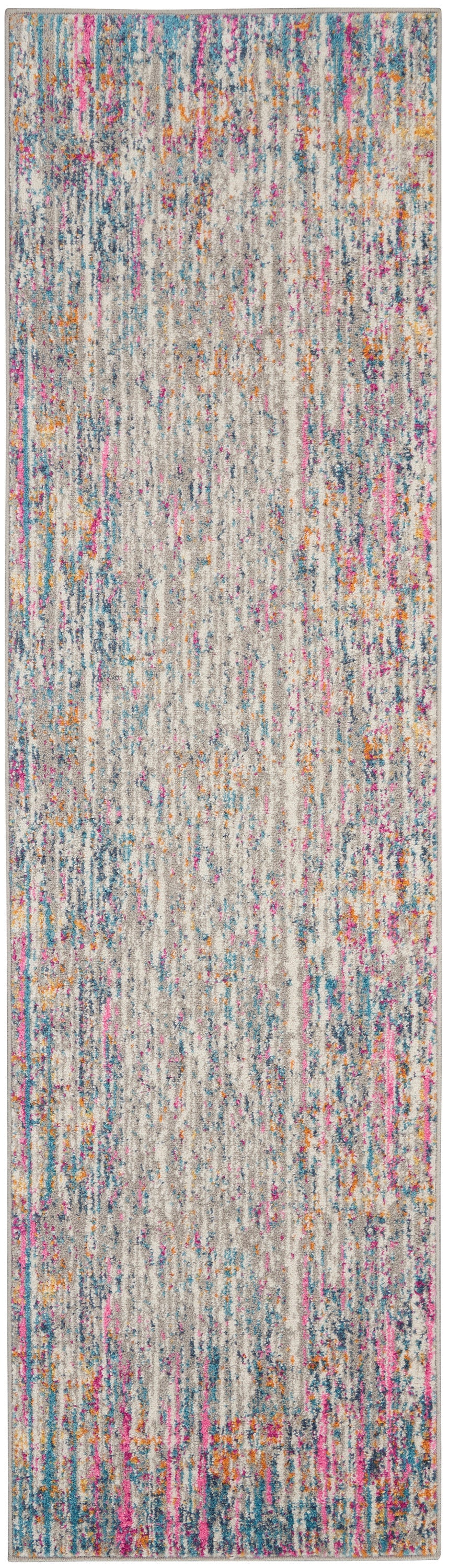 Rectangular modern 6' runner rug with beige base and vertical multicolor brushstroke pattern in pink, teal, orange.