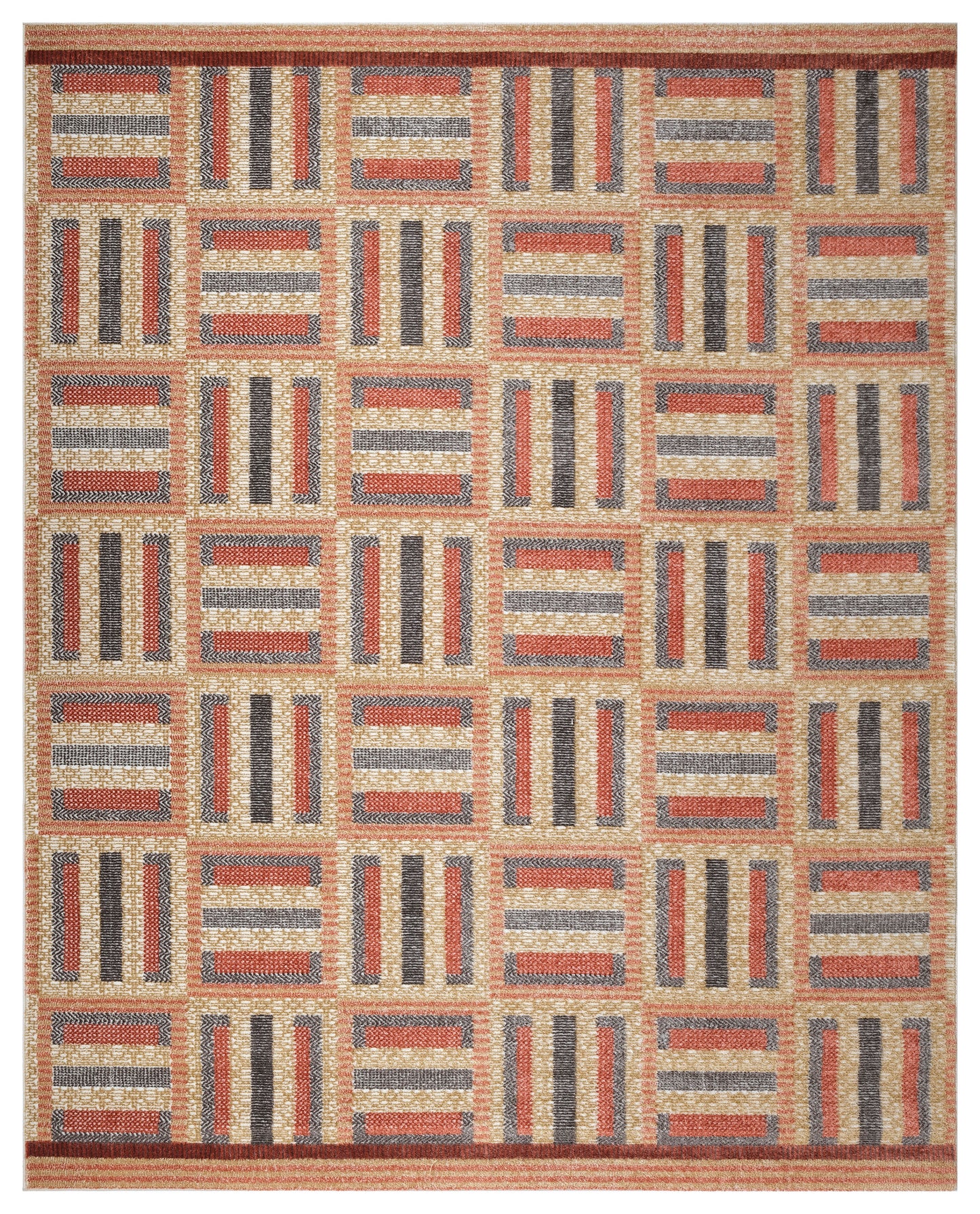 Geometric woven area rug with beige grid and orange, rust, charcoal and gray striped rectangles; warm earthy tones