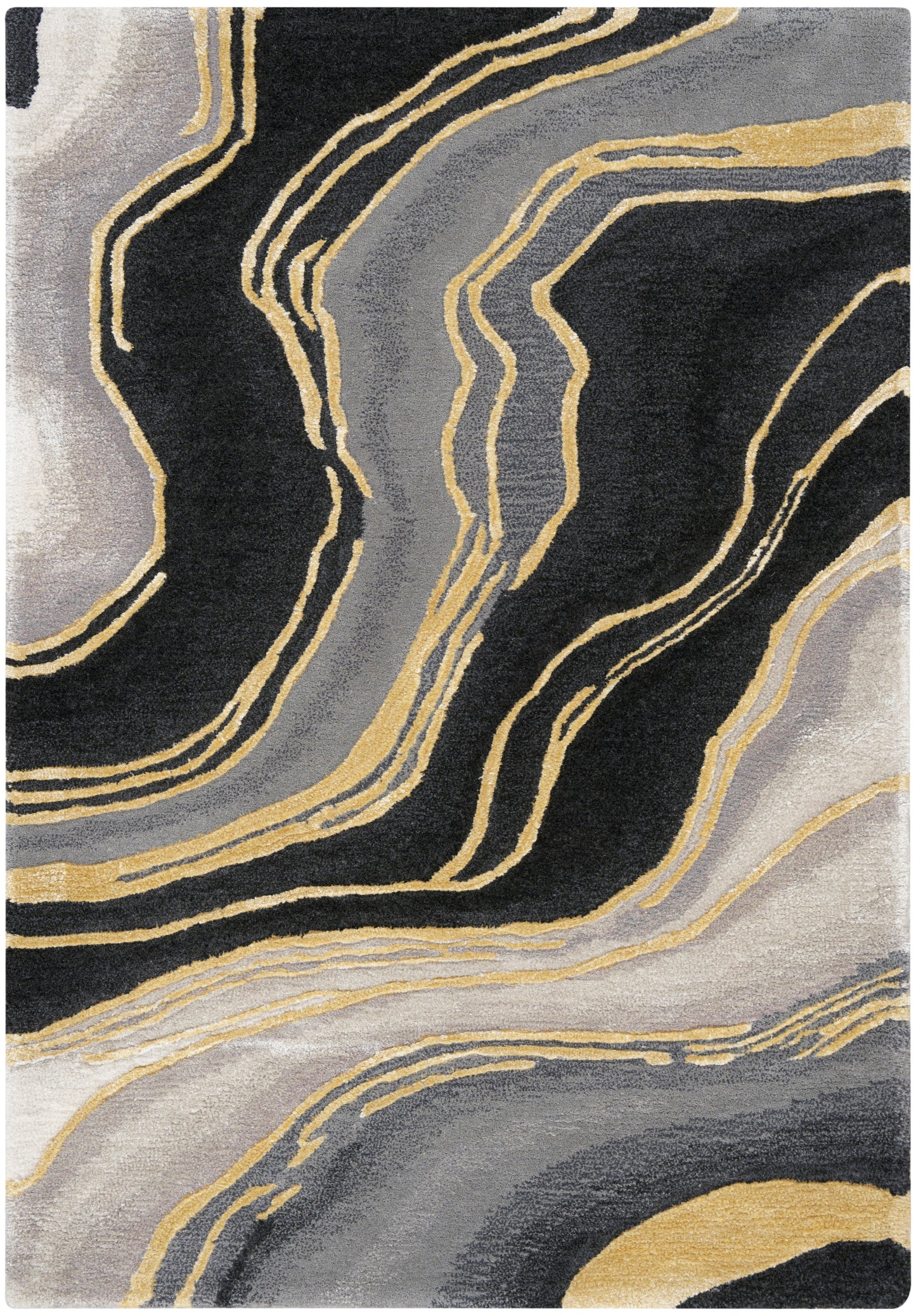 Abstract marbled area rug with black, gray, beige & gold swirls; modern decor for living room.