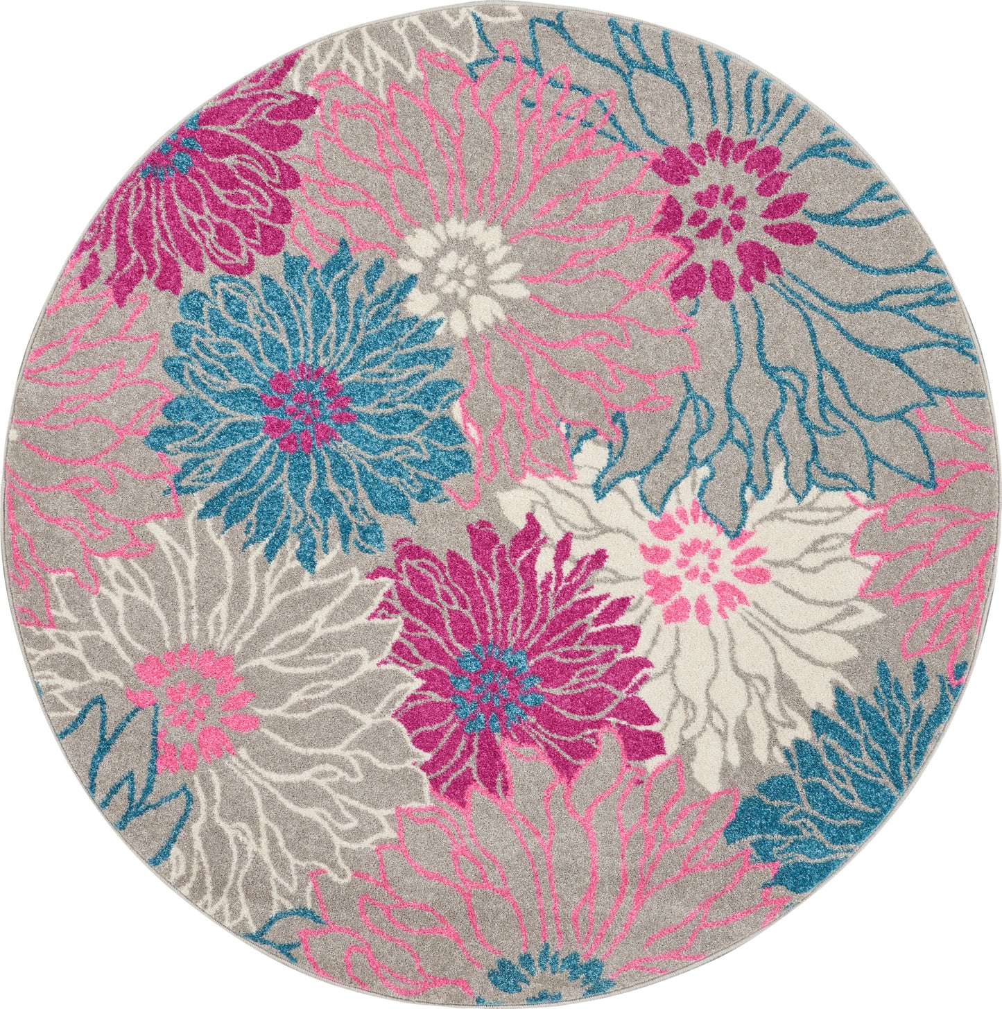 Round area rug featuring large pink, teal, and magenta blossoms on a light gray background.