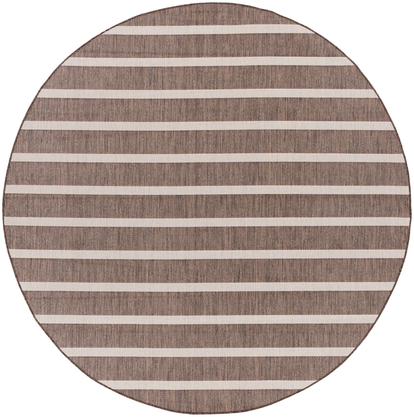 Round brown woven rug with light beige horizontal stripes.