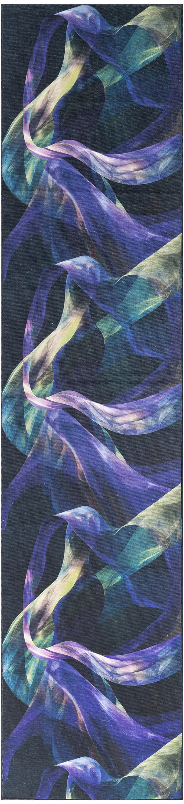 Silky abstract scarf with iridescent purple, blue and teal ribbons twisting across dark fabric.