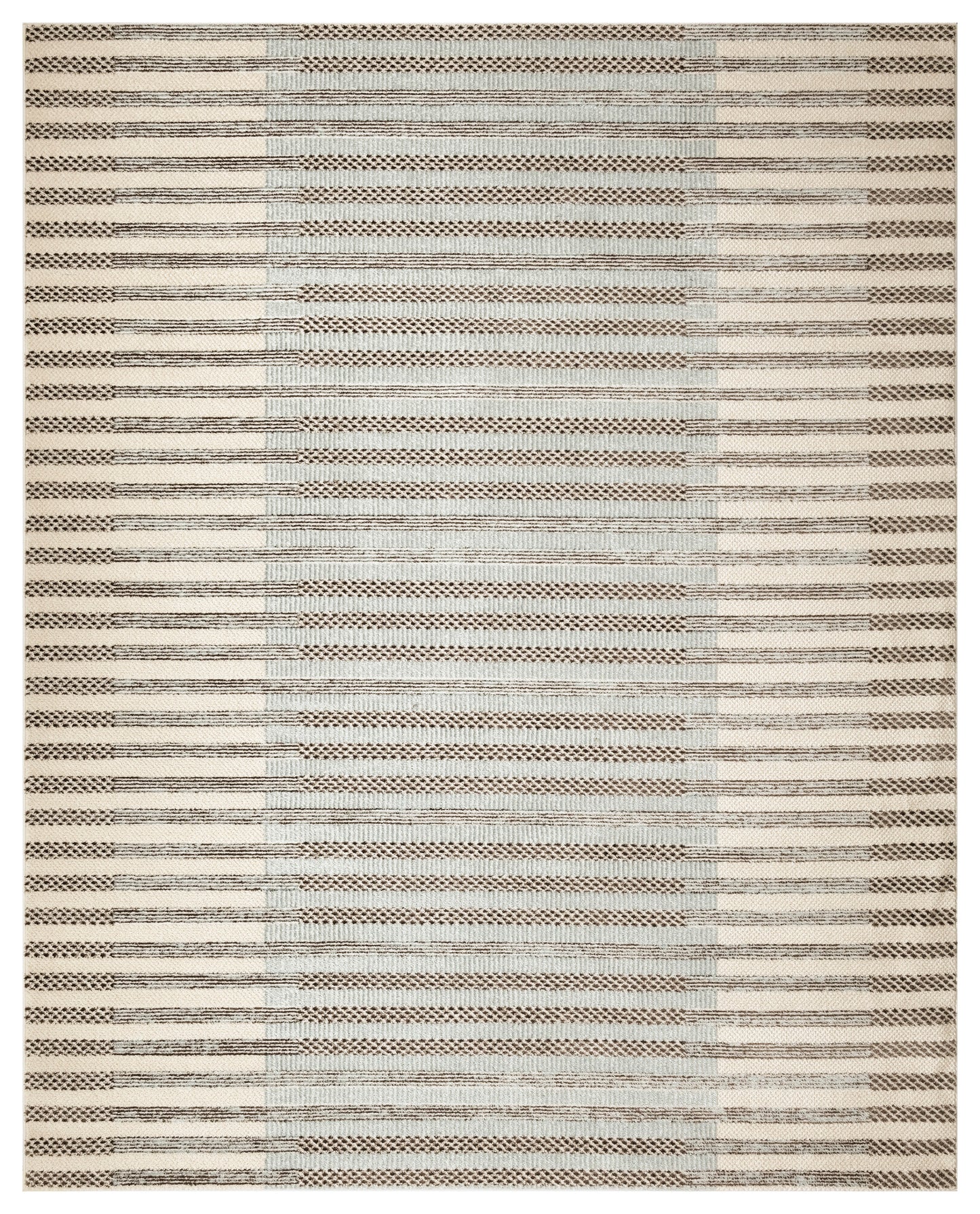 Flat-weave rug in beige and cream with alternating thin and wide horizontal stripes and textured weave.