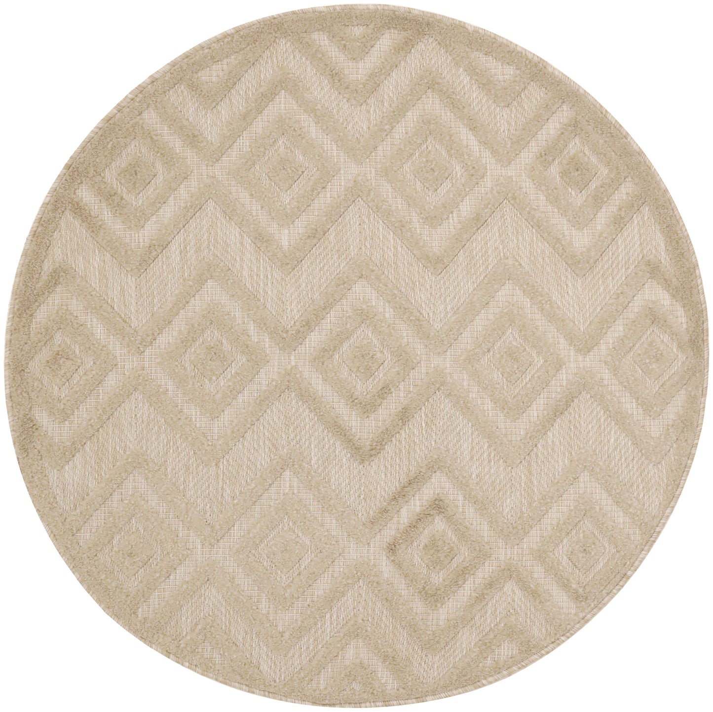 Round beige rug featuring a geometric diamond and chevron pattern with a textured woven surface.