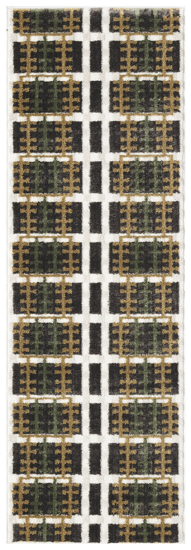 Long geometric runner rug with repeating black blocks, gold lattice frames, green centers on a cream background.