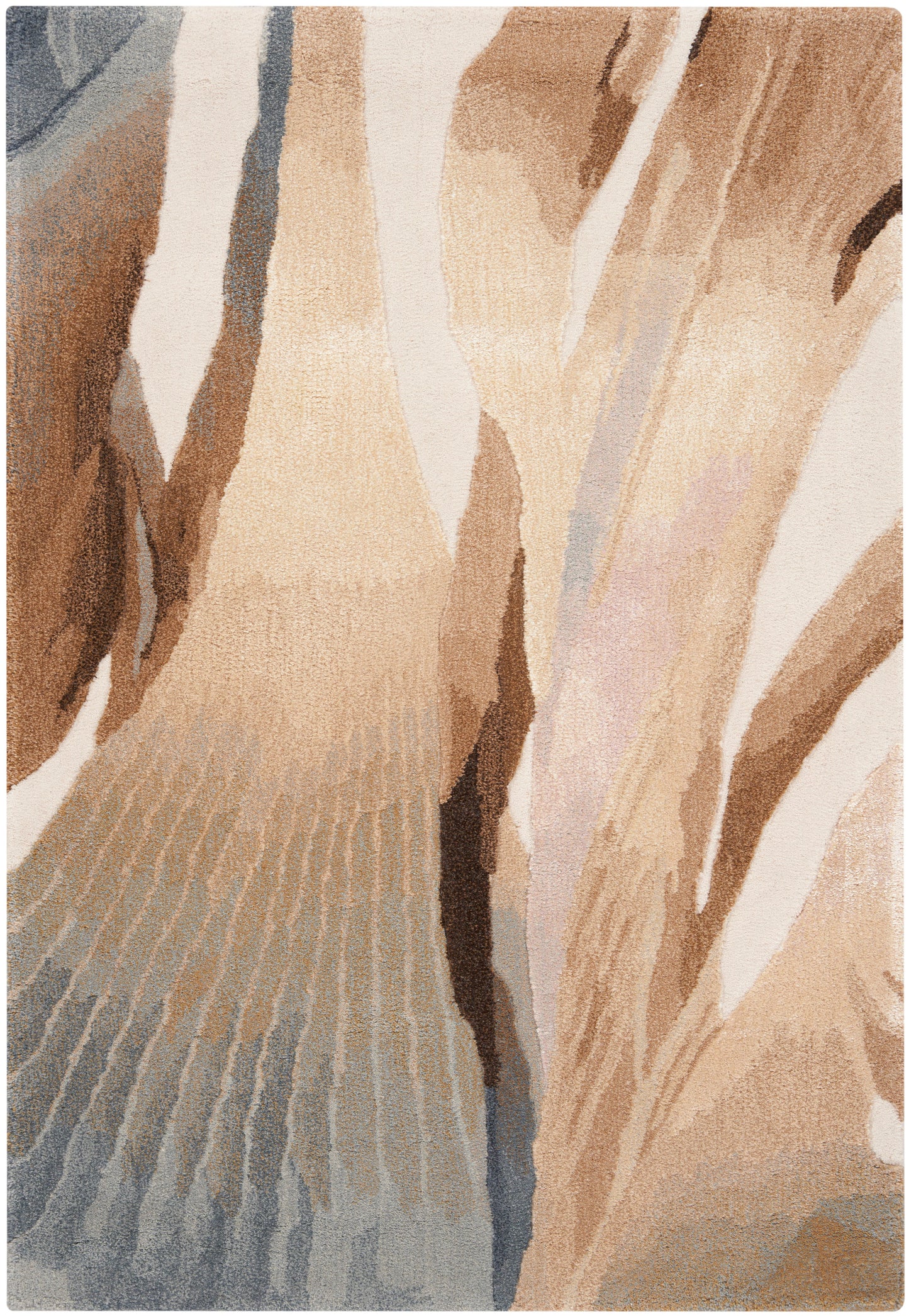 Abstract earth-tone rug with beige, tan, brown & gray vertical panels, textured surface.
