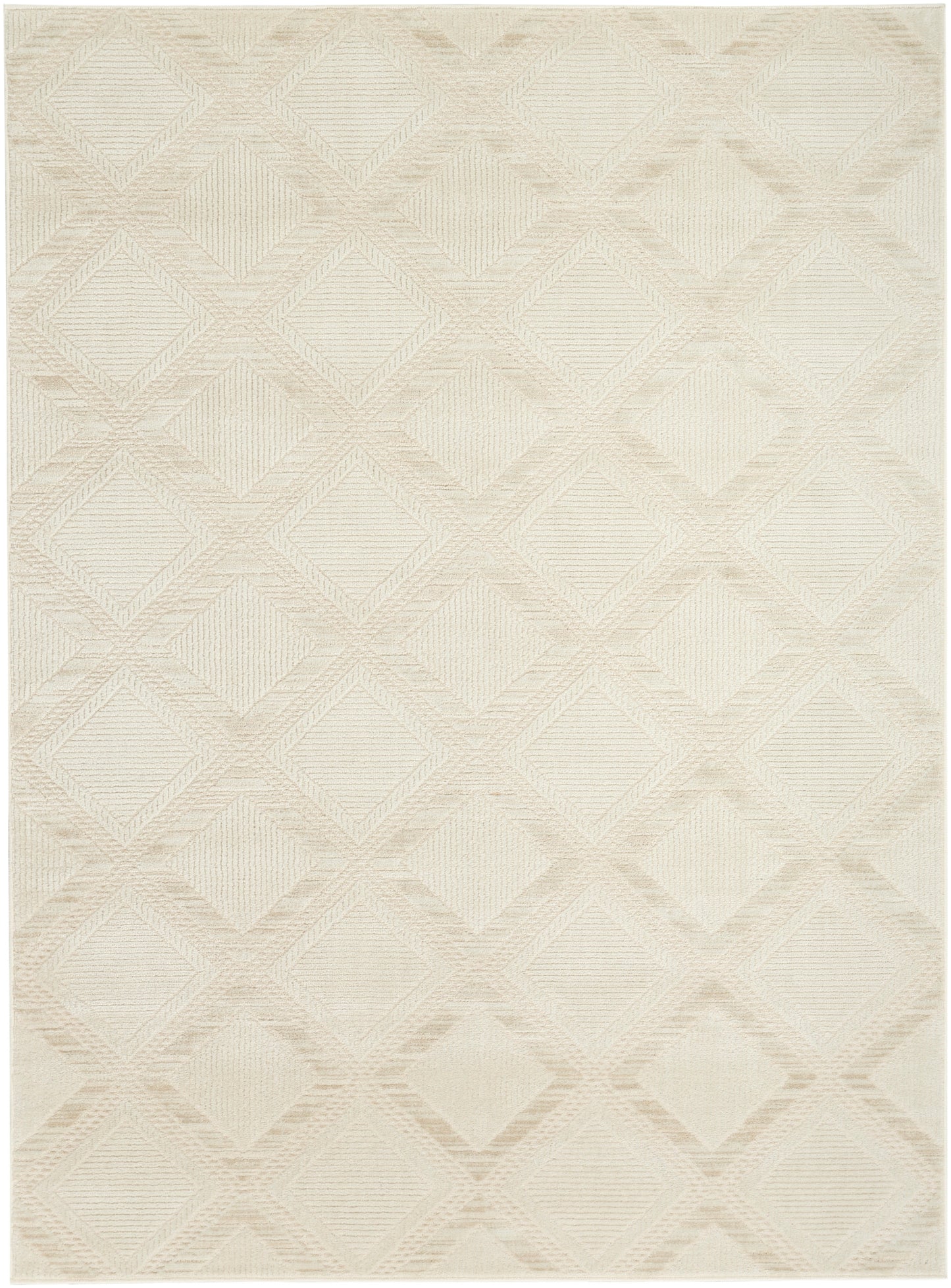 Neutral cream area rug with a diamond geometric pattern and soft textured weave.