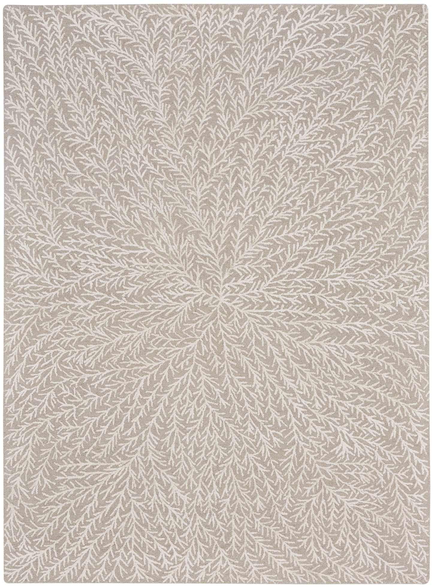 Beige area rug with white branching pattern radiating from the center.