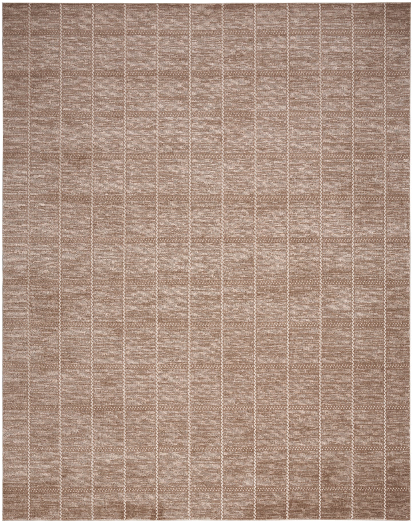 Taupe-brown geometric grid area rug with white dashed vertical lines; modern, low-pile indoor rug.