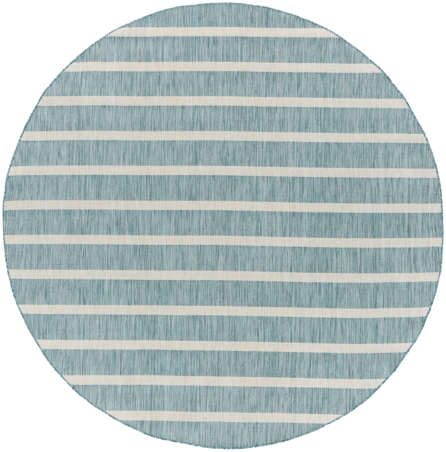 Circular blue woven rug with off-white horizontal stripes; coastal style, soft texture, ideal for living room or patio.
