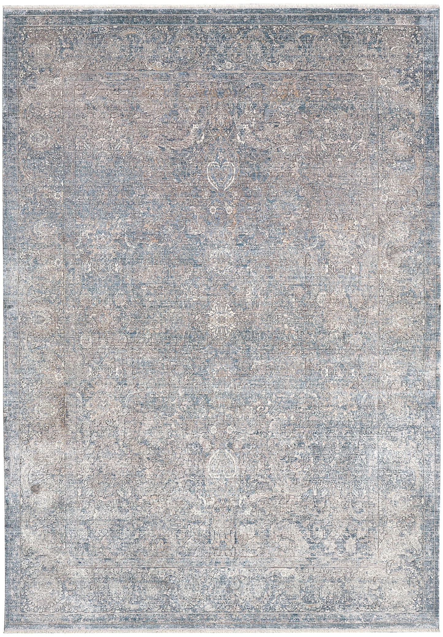 Rectangular distressed blue-gray rug with ivory floral medallions; Persian-inspired ornate border, vintage look.