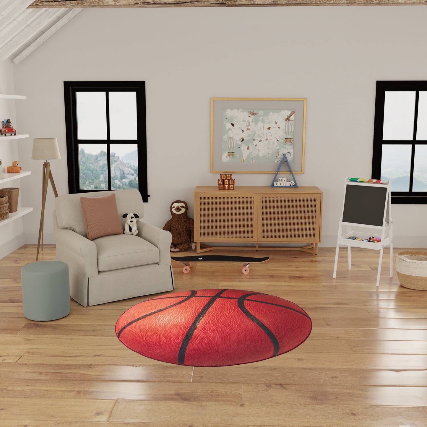 Cozy kids' playroom with hardwood floors, round red basketball rug, gray armchair, wooden cabinet, panda plush, and windows.