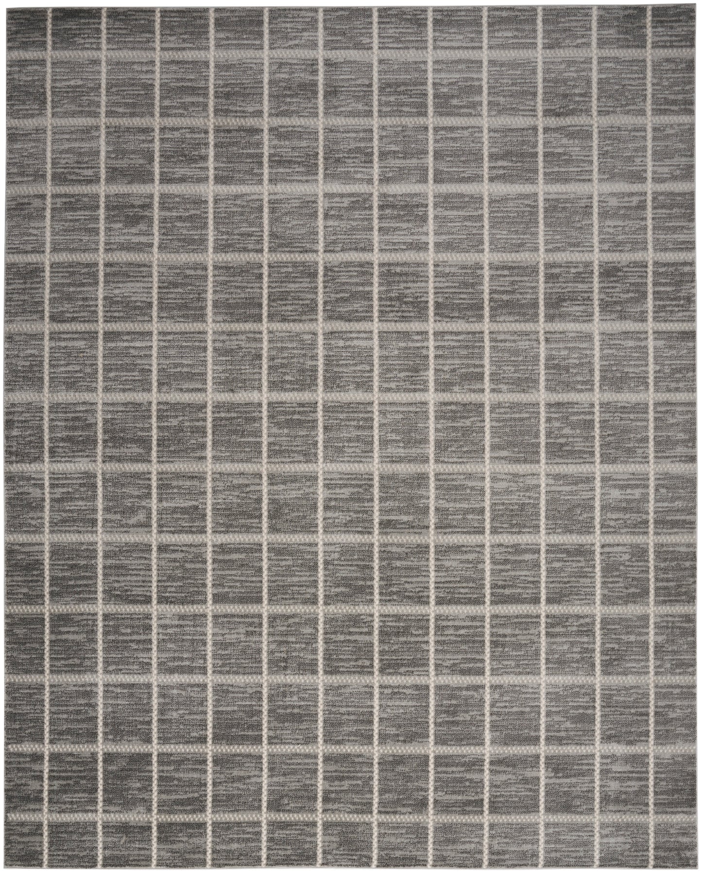 Grey woven area rug with light beige grid forming square pattern; modern geometric style.