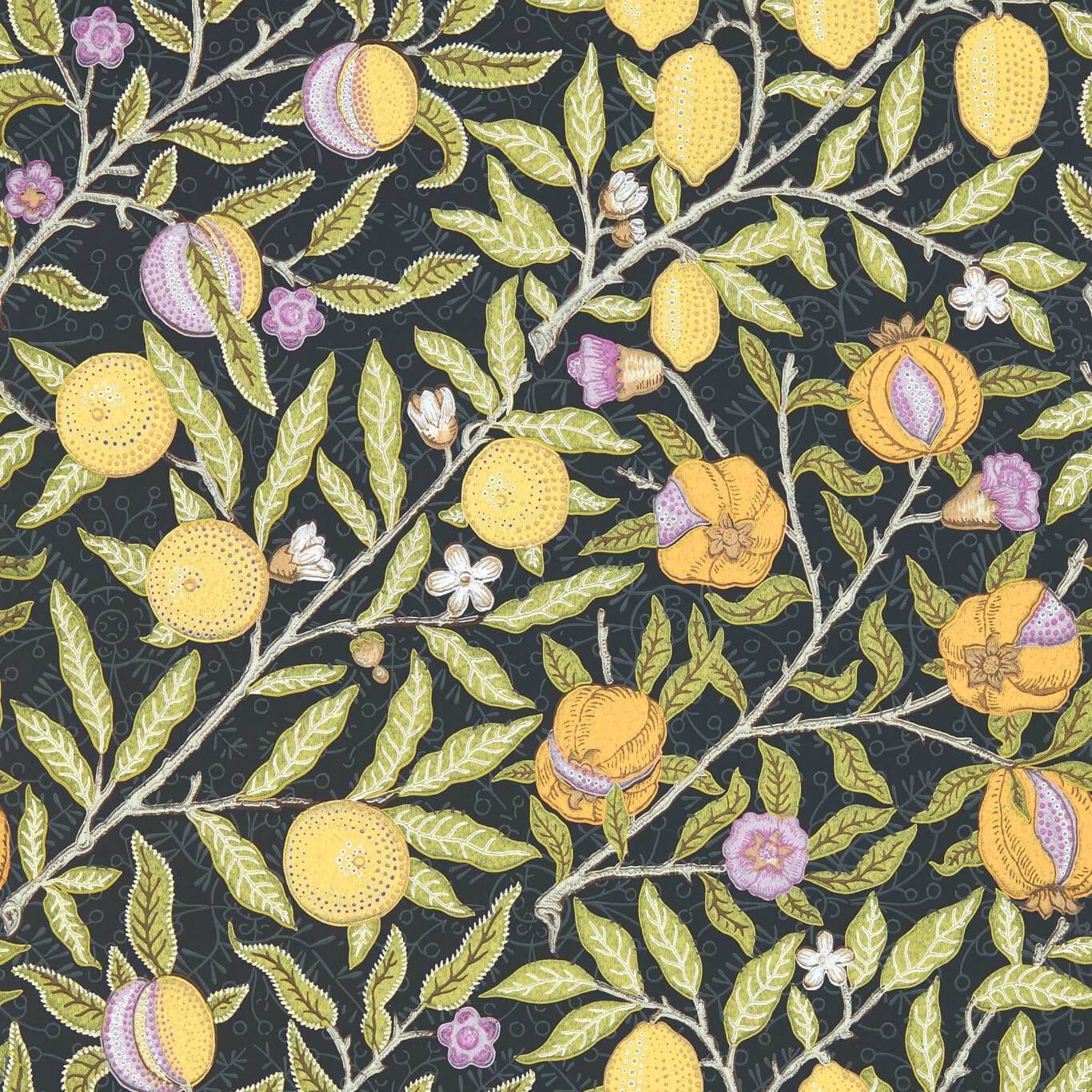 Dark navy wallpaper with lemon-yellow citrus fruits, olive-green leaves and pink blossoms in a botanical print.