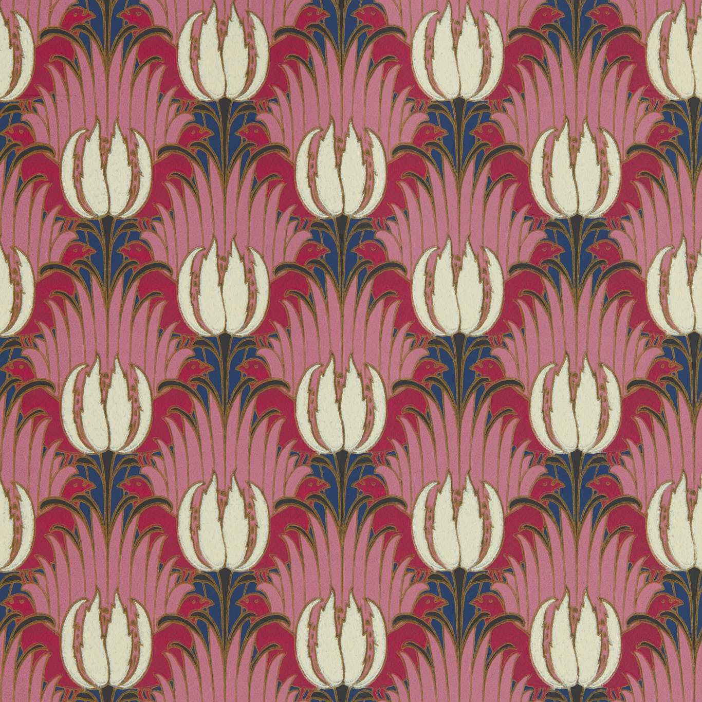 MORRIS & CO Tulip & Bird Wallpaper Contemporary, Floral Amaranth , Blush Surflex-Printed Wallpaper - AARC510030