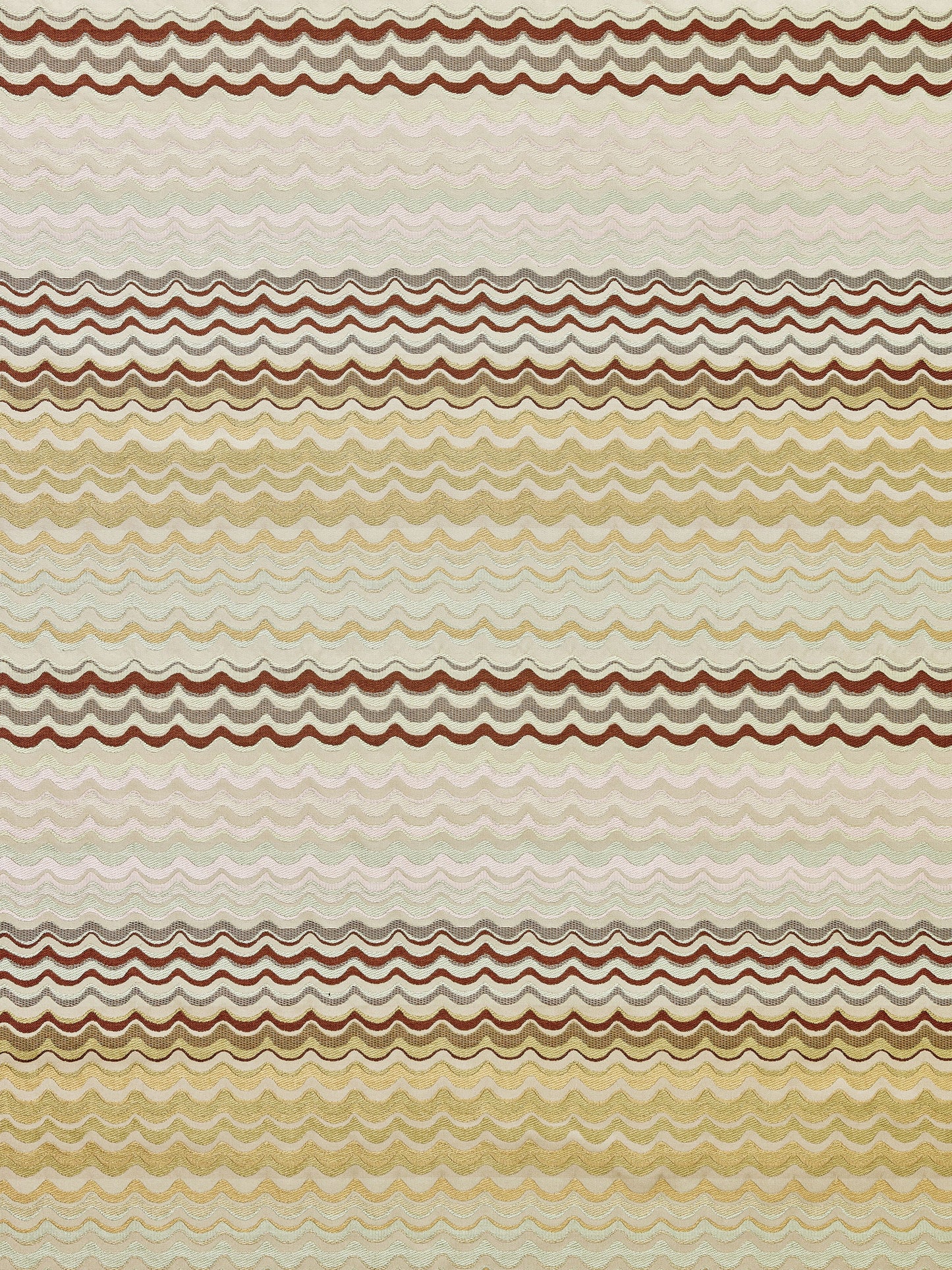 Horizontal wavy stripe pattern in beige, cream, brown and pale yellow on fabric.