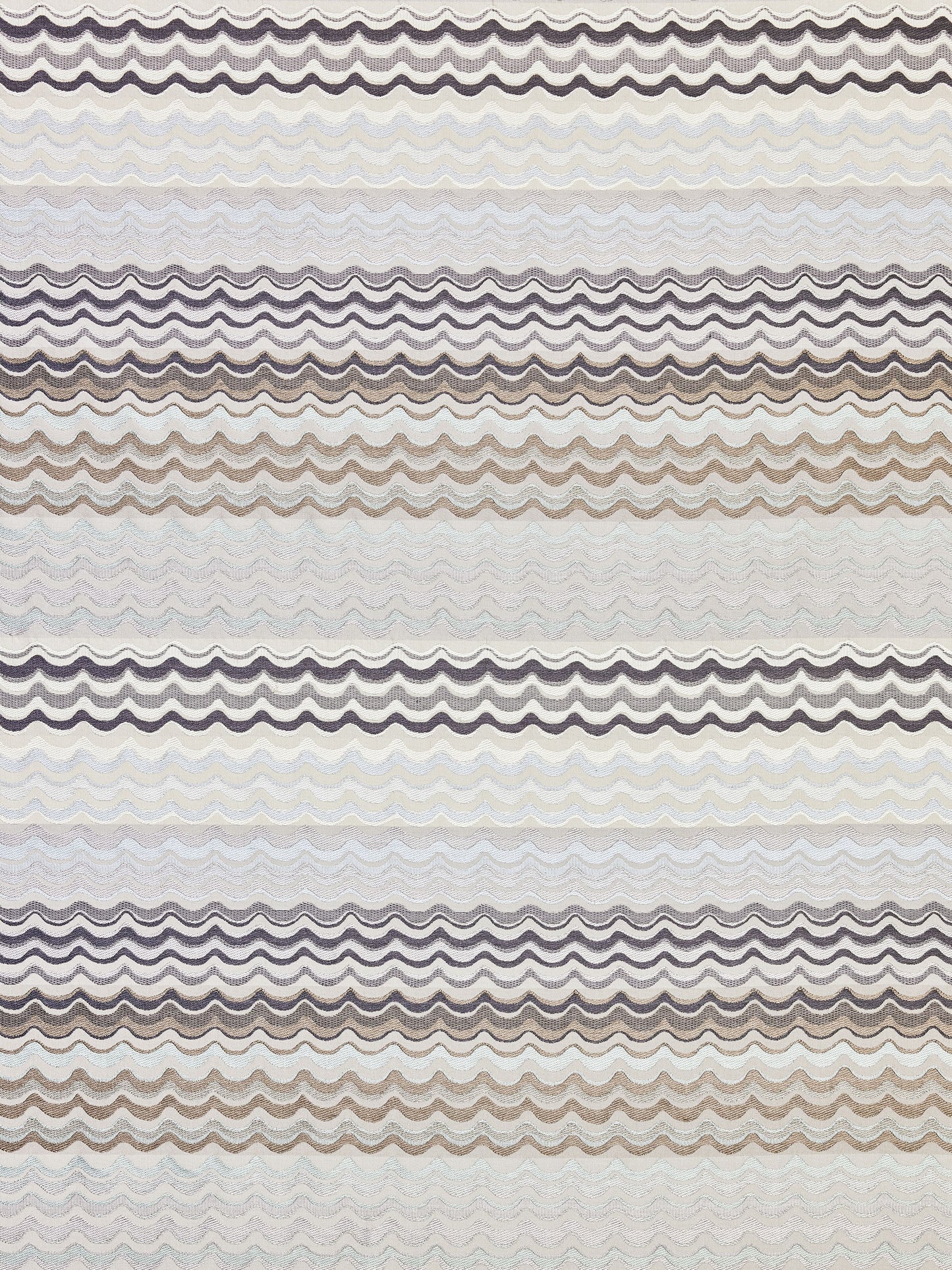 Repeating horizontal scalloped wave pattern in muted purples, taupes, creams, and grays on a light background.