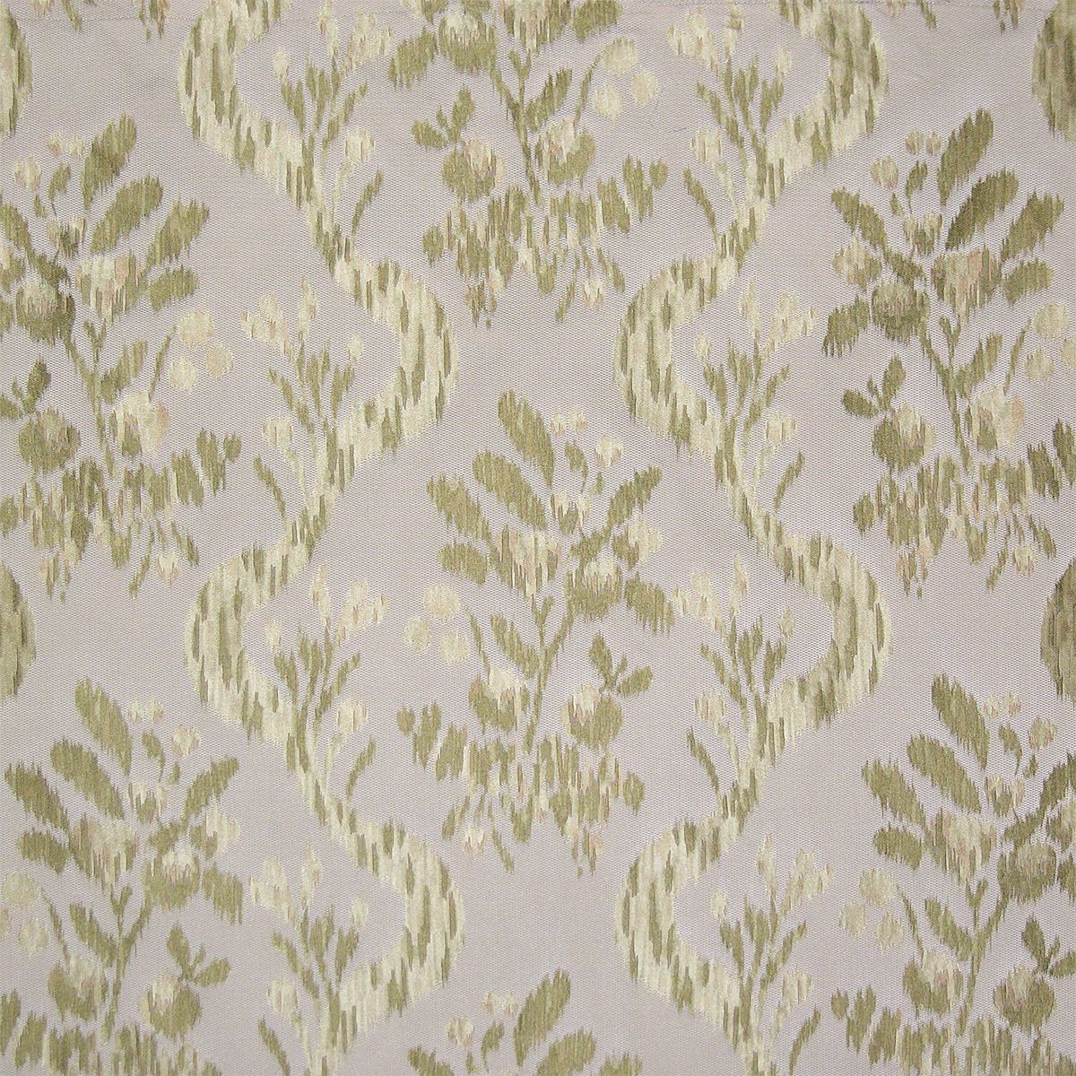 Ivory fabric featuring pale olive damask vines and leafy motifs in a repeating ornamental pattern.