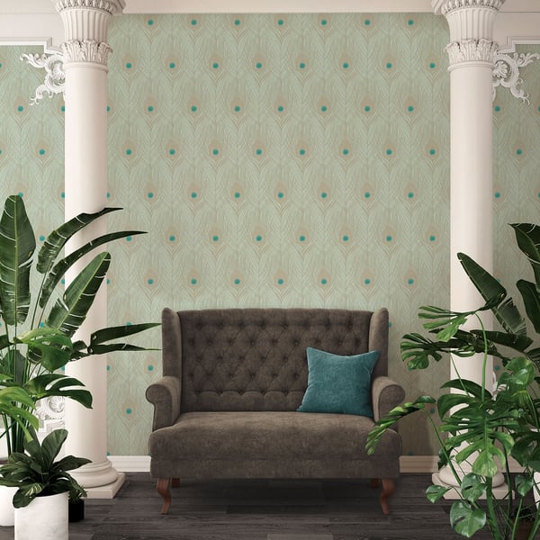 Galerie Wallcoverings Absolutely Chic Peacock Feather Motif Galerie Wallcoverings Green - AC60005