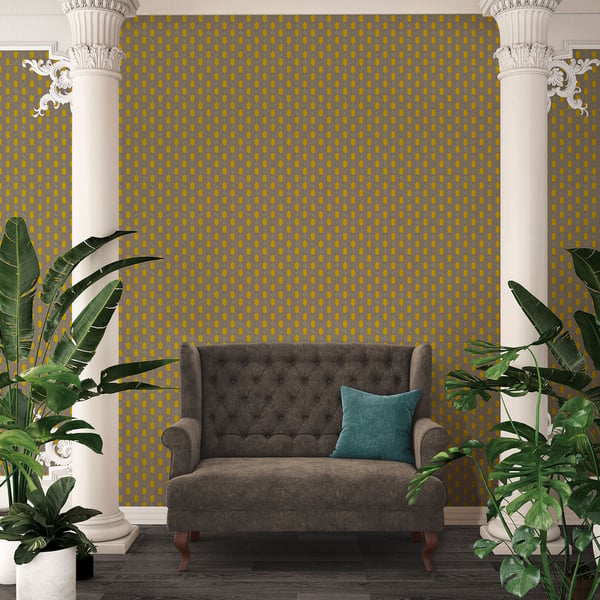 Beige wallpaper with an Art Deco geometric motif visible on the wall; AC60019.