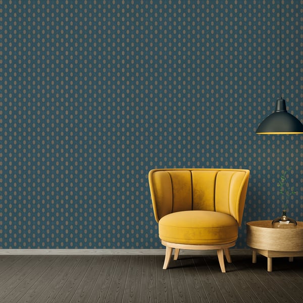 Blue Art Deco style geometric motif wallpaper with a matte finish.
