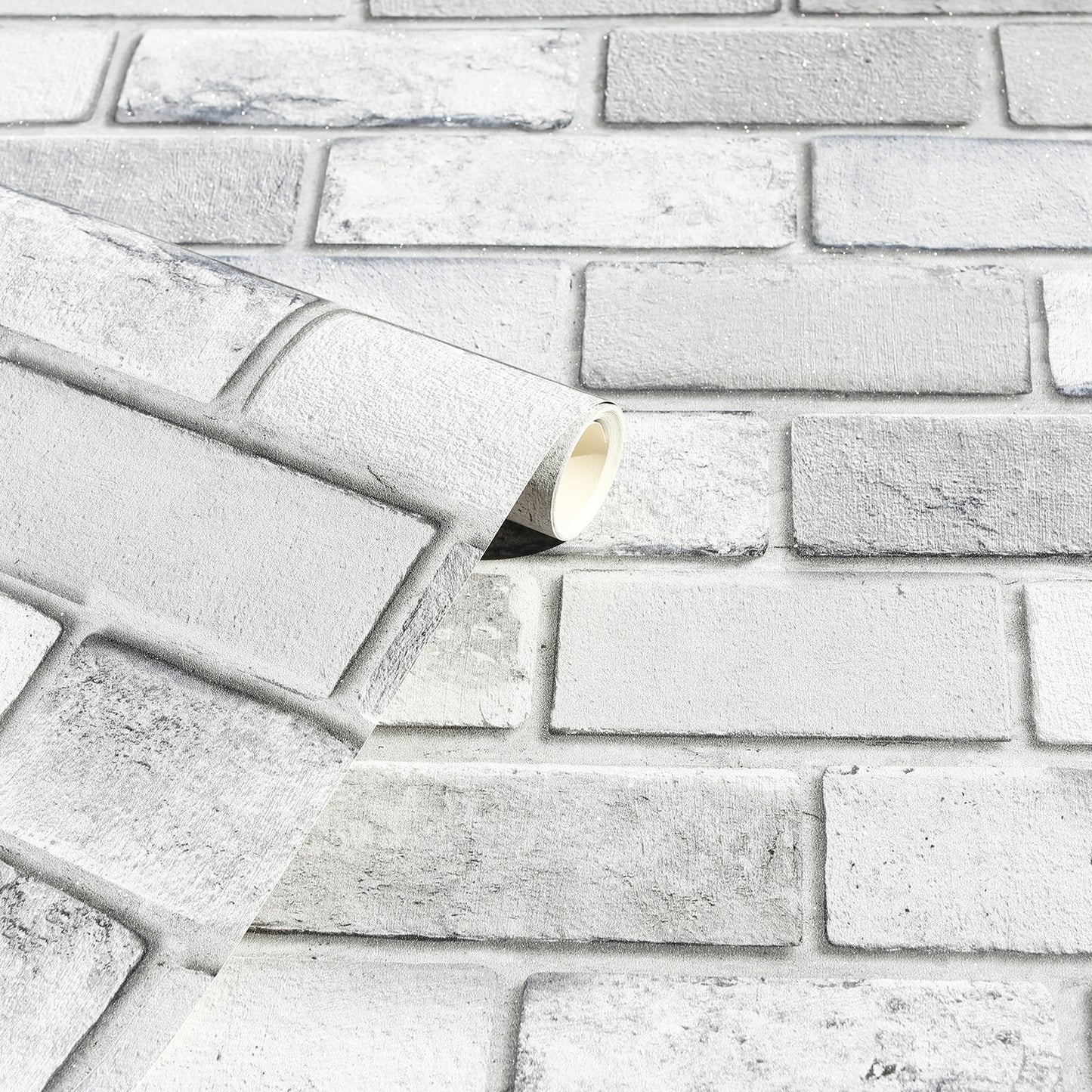 Rolled light gray brick-pattern wallpaper, showing textured brick blocks for wall decor.