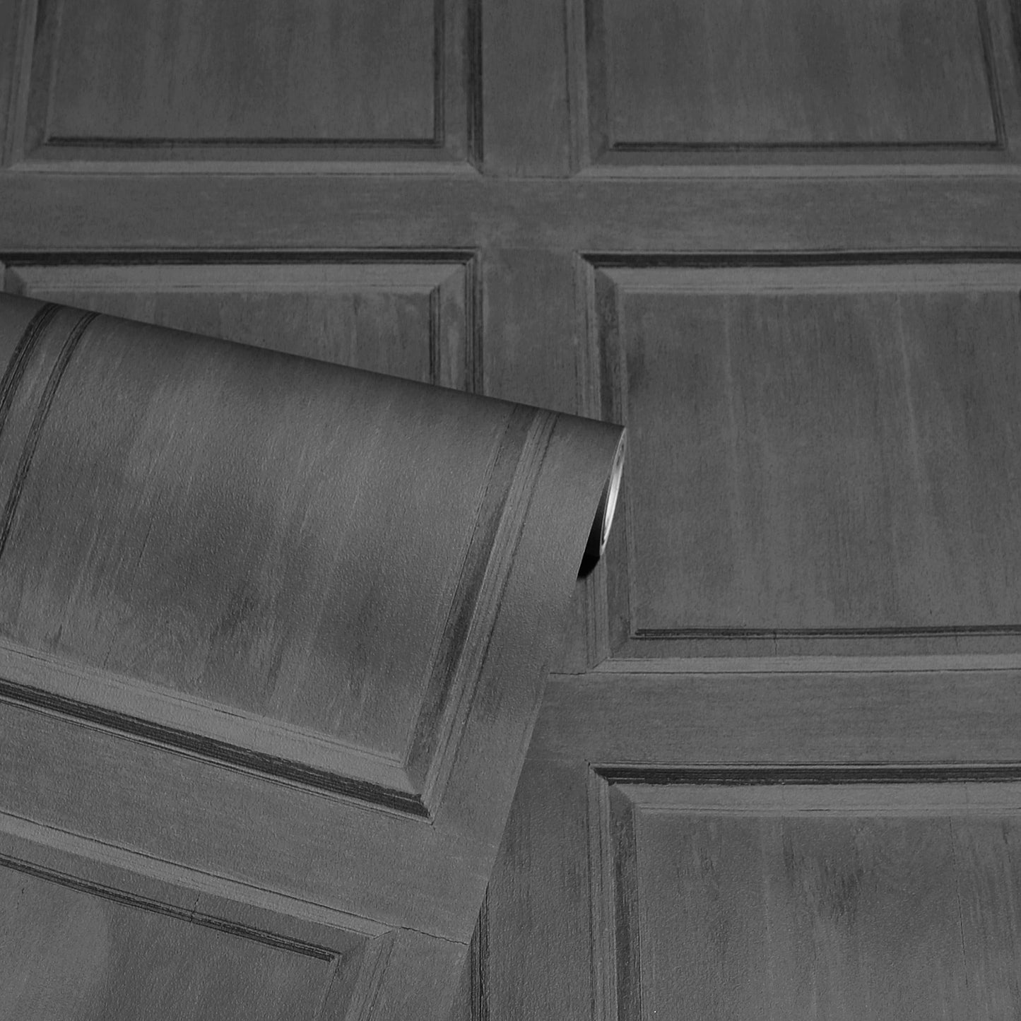 Dark wood-grain door panel sample, partially rolled up, showing rectangular paneled sections.