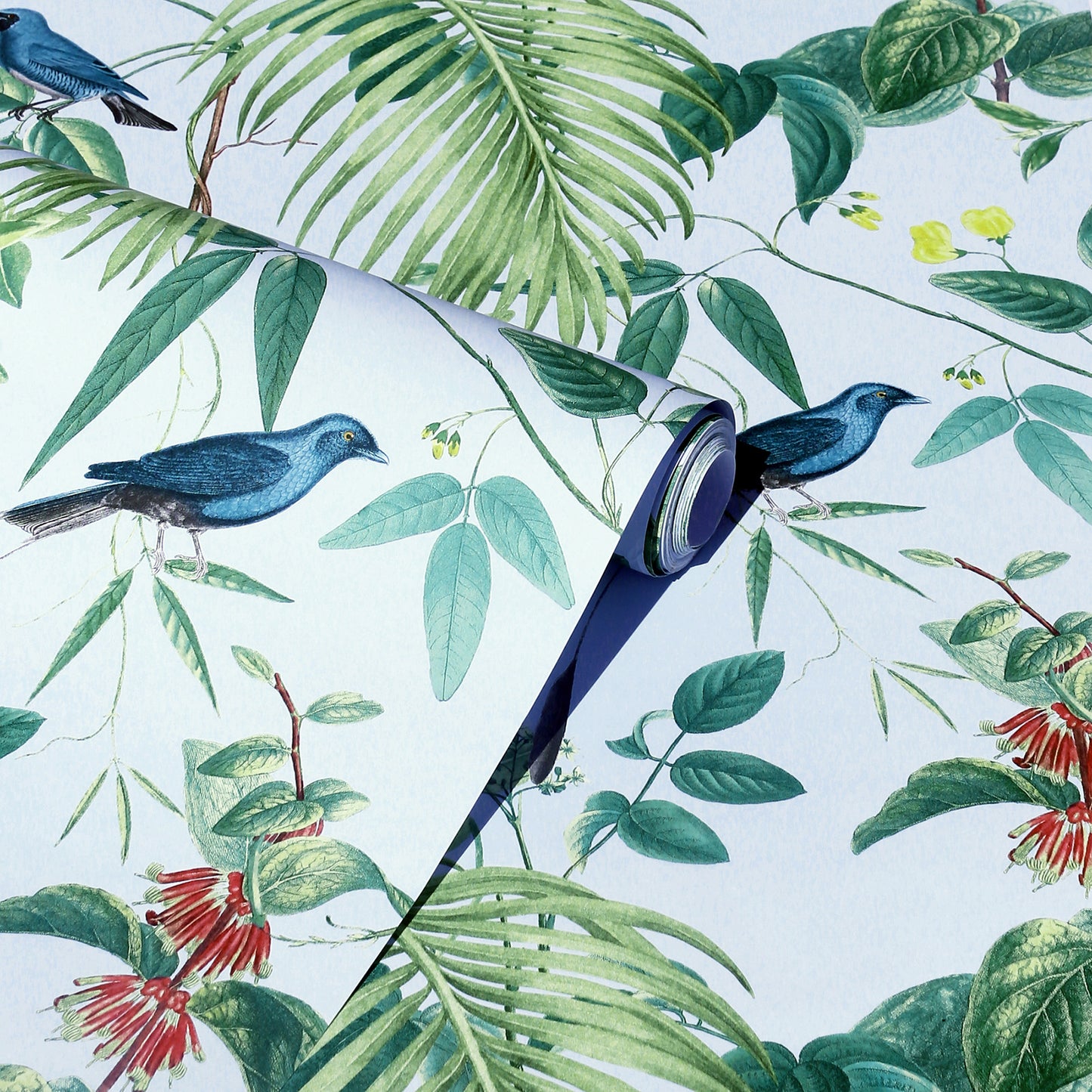 Rolled tropical wallpaper featuring blue birds, green leaves and red flowers on a pale blue background.