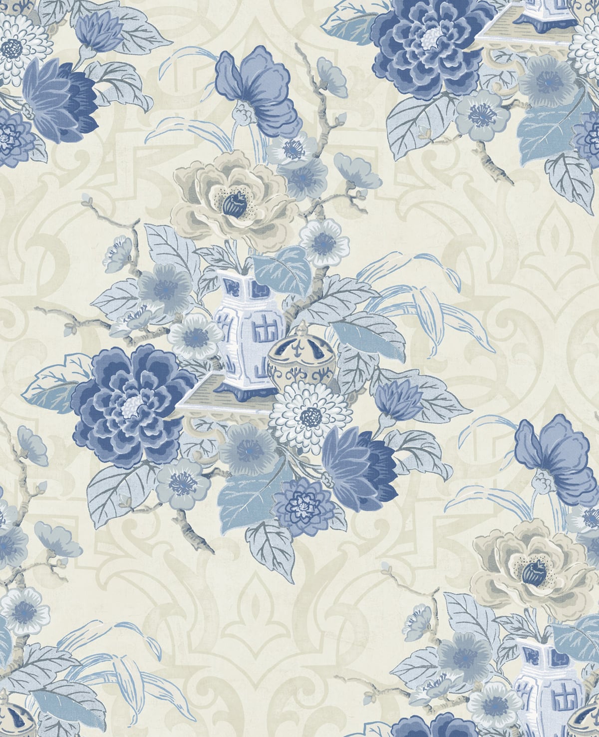 Seabrook Designs Koi Dynasty Floral Floral Traditional Blue Metallic - AI40002