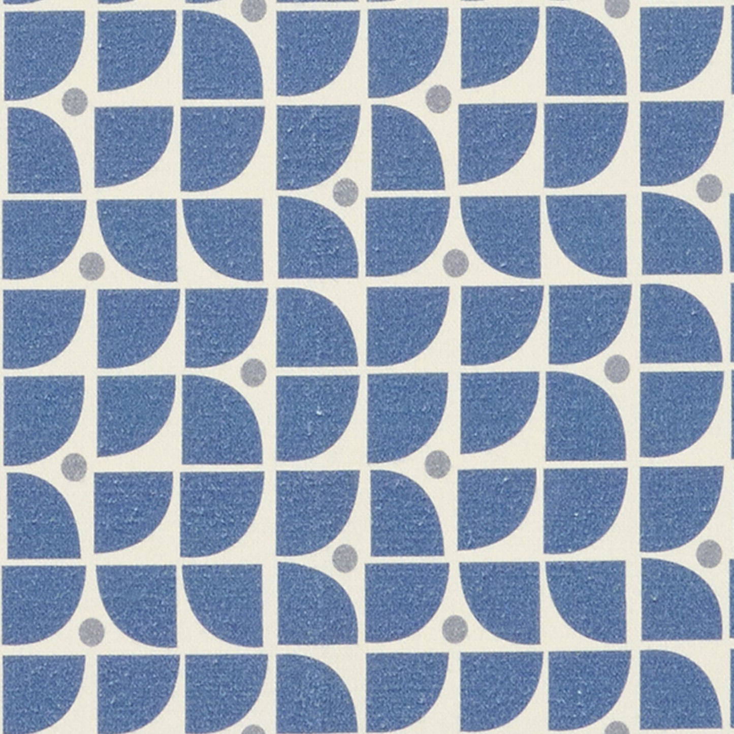 Blue & cream geometric fabric print with quarter-circle arcs forming circles and small gray dots.