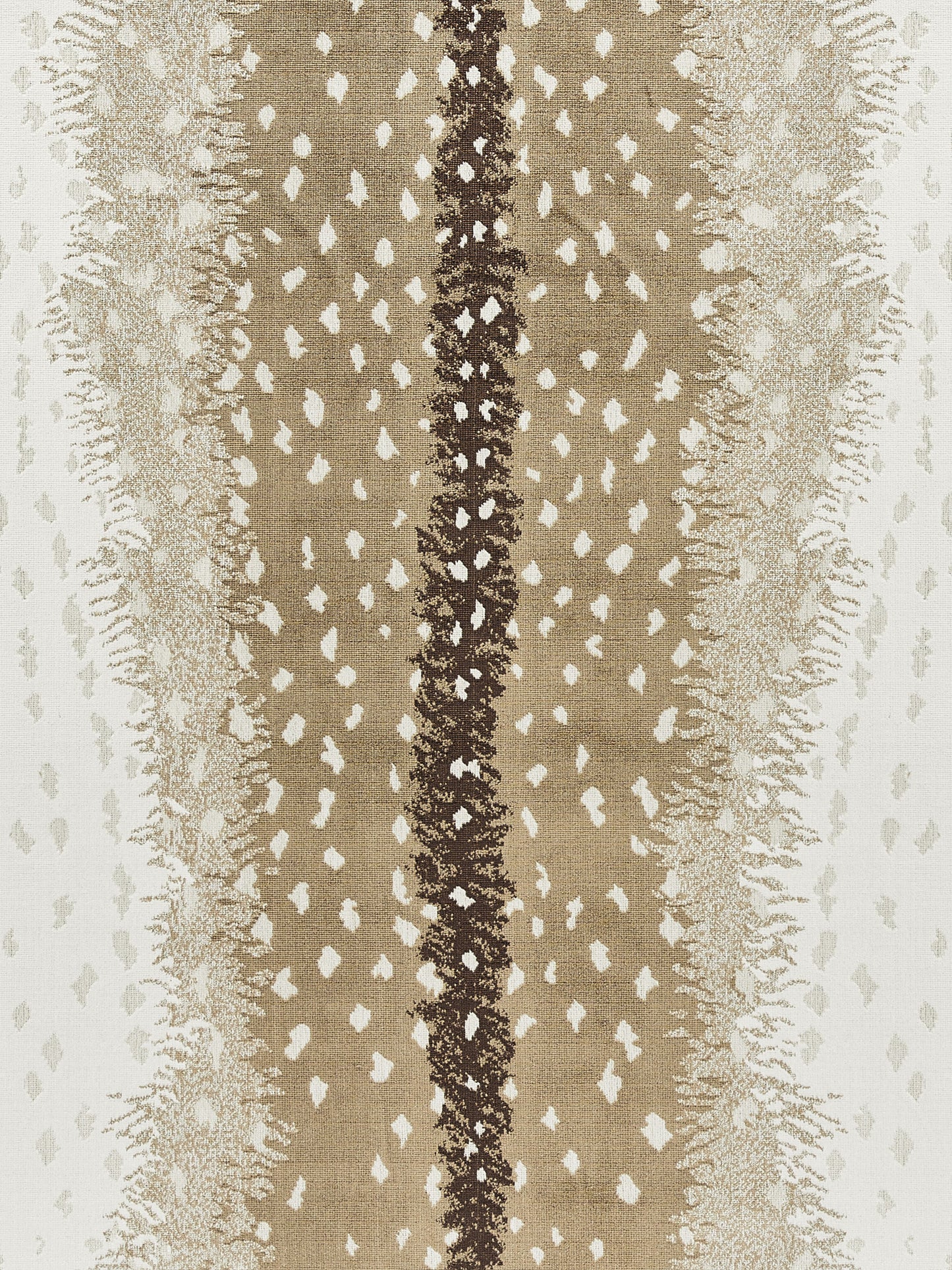 Boho beige woven rug with a dark central stripe and white dot motif, textured fringe along the edges.