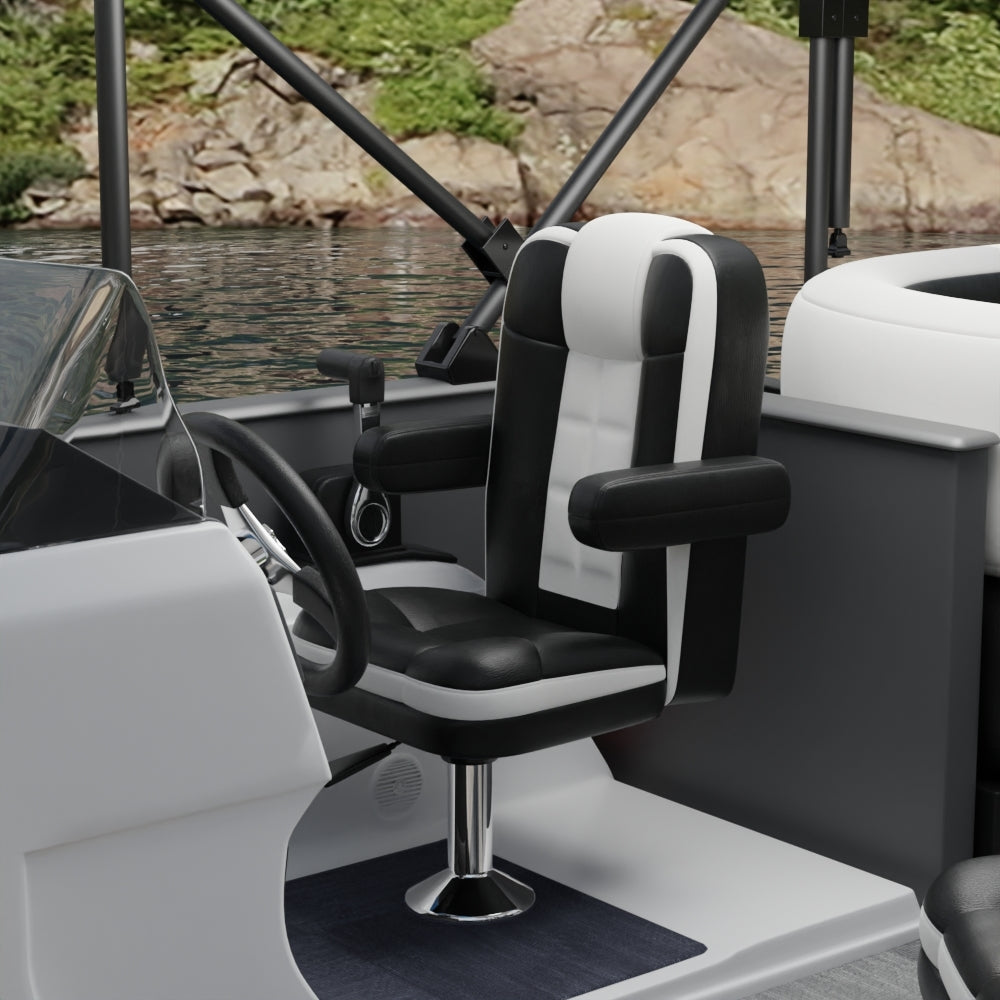 Black solid fabric captain chair on a modern boat interior with chrome pedestal, steering wheel, and water view.