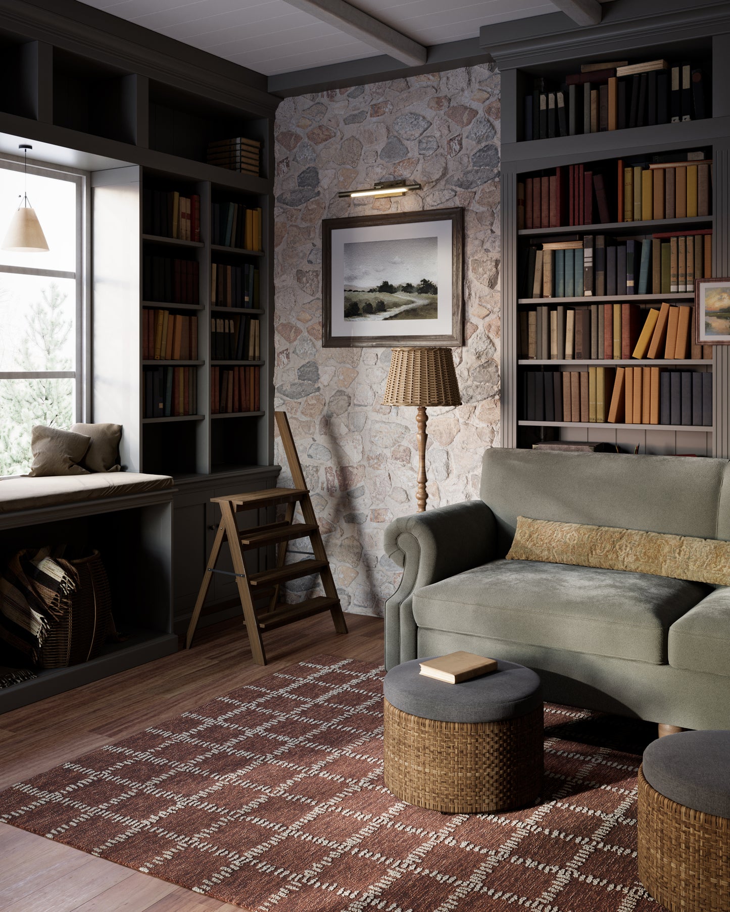 Cozy library living room with stone accent wall, dark wood shelves, ladder, green sofa, wicker ottomans, patterned rug.