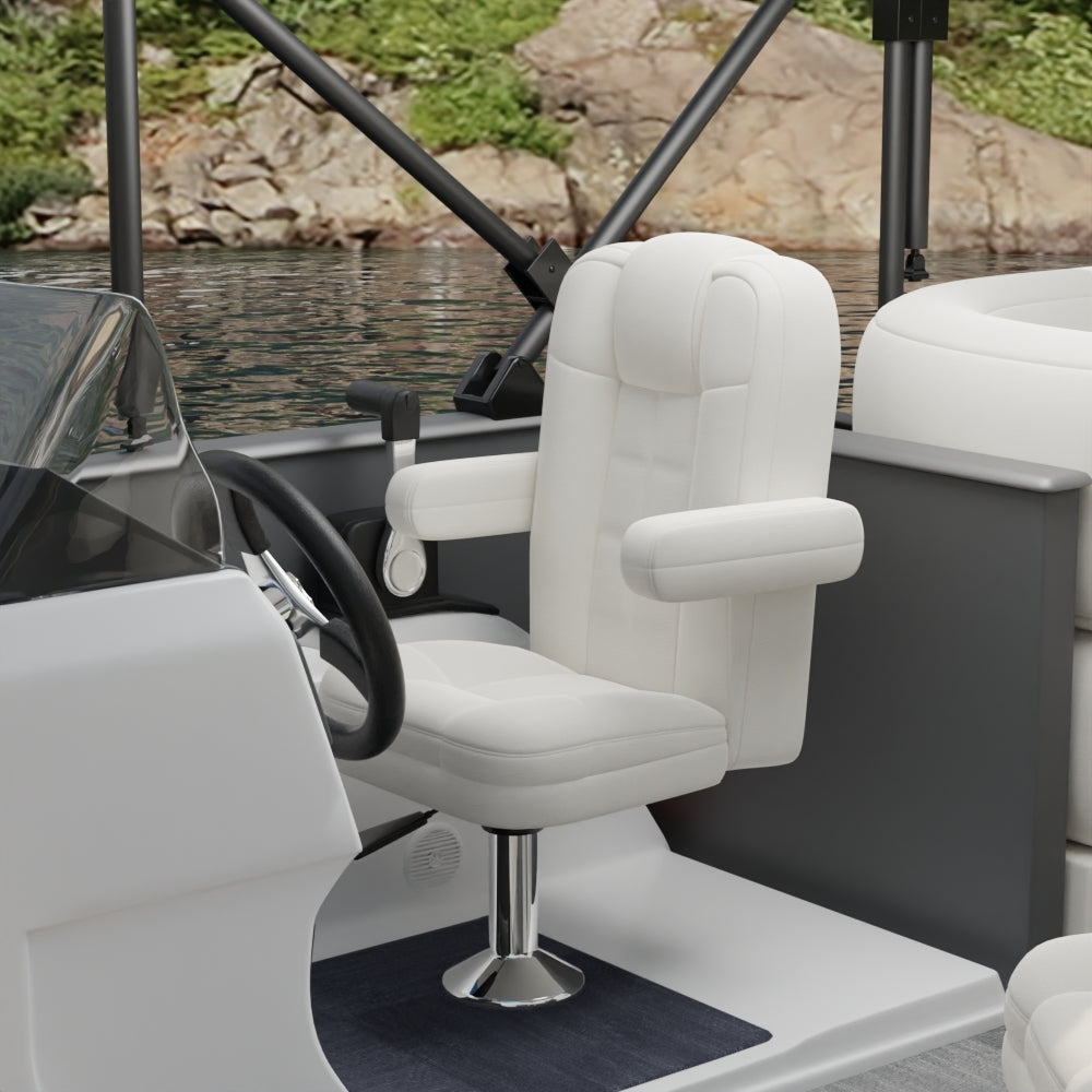 White fabric captain chair with padded armrests on a chrome pedestal.