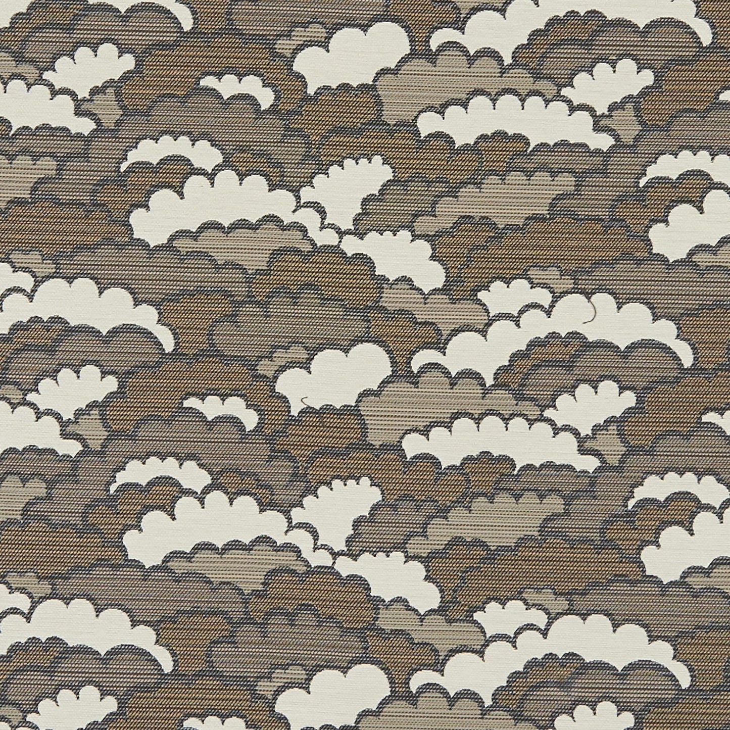 Brown and tan fabric with white cloud shapes in a repeating pattern; textured jacquard fabric suitable for apparel or decor.