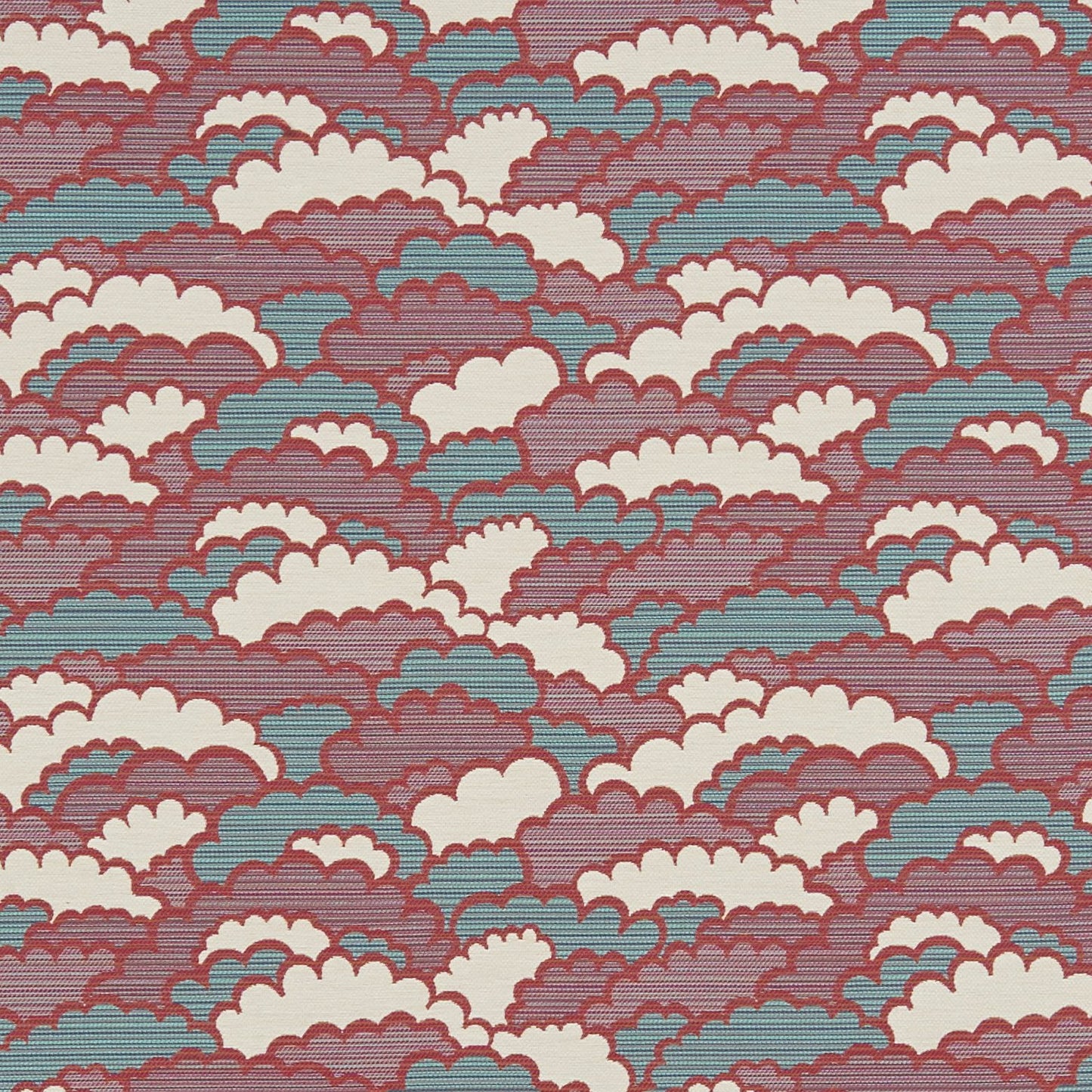 Repeating pattern fabric with a jacquard texture; blue and burgundy/red colorway, outdoor fabric.