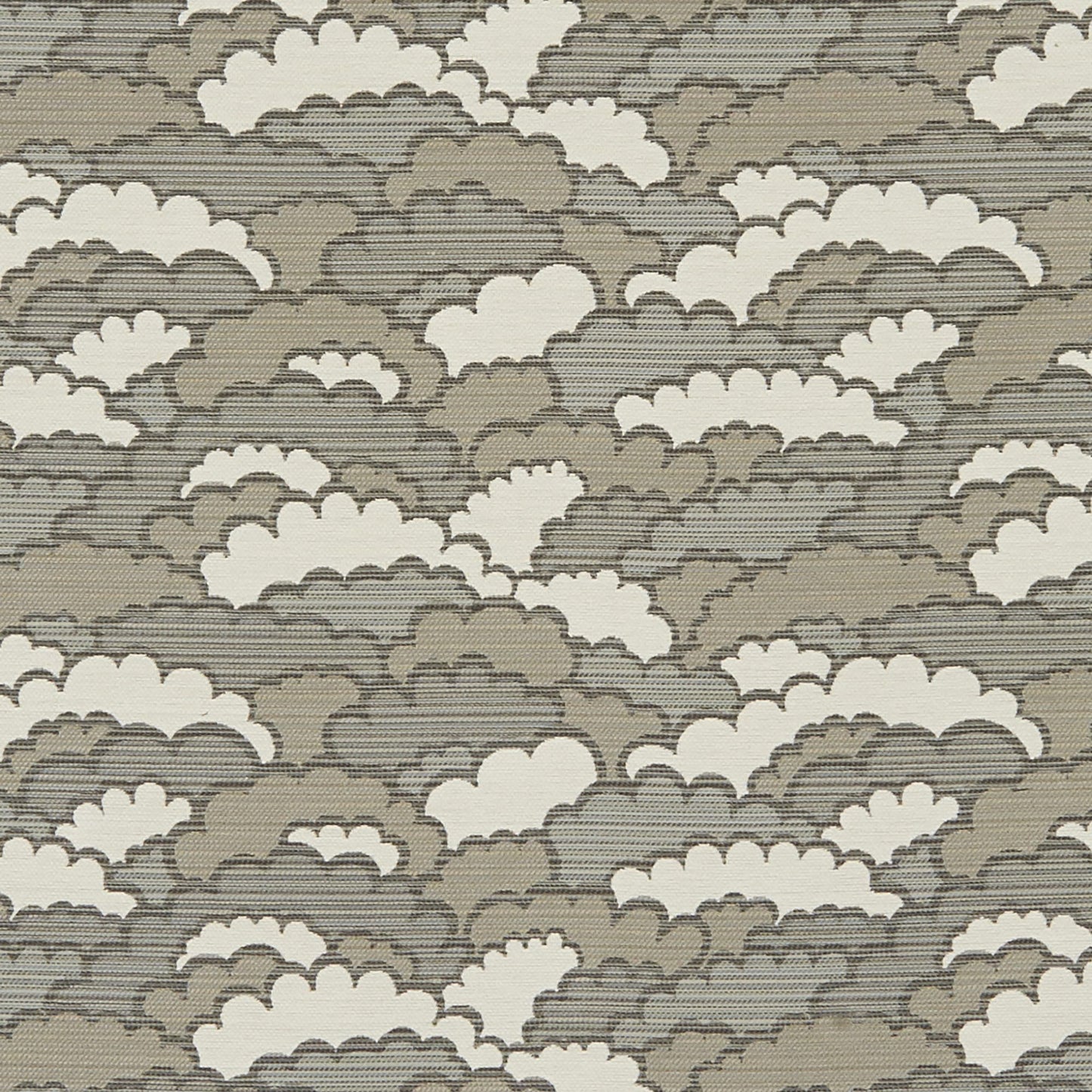 Neutral cloud-pattern fabric in taupe and ivory on a subtle beige striped background, textile for upholstery or drapery