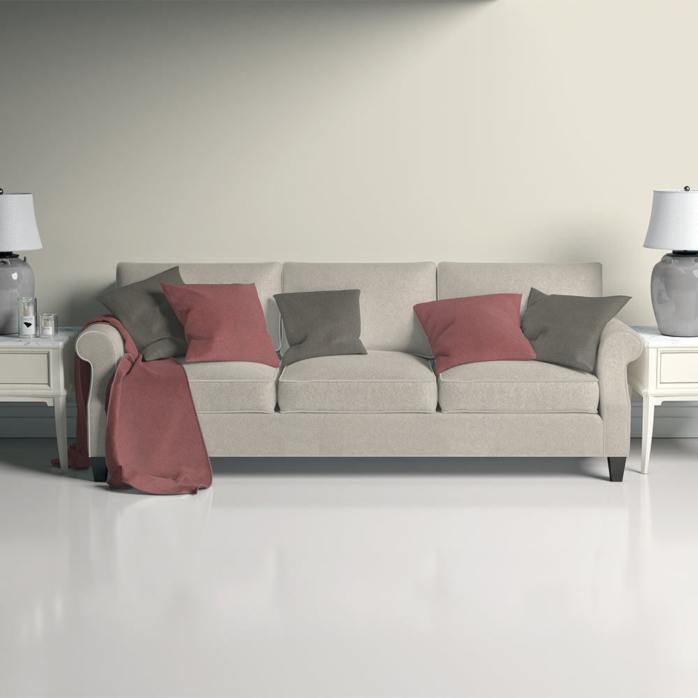 Neutral limestone woven plain upholstery fabric showing subtle texture for furniture, cushions, and home décor use.