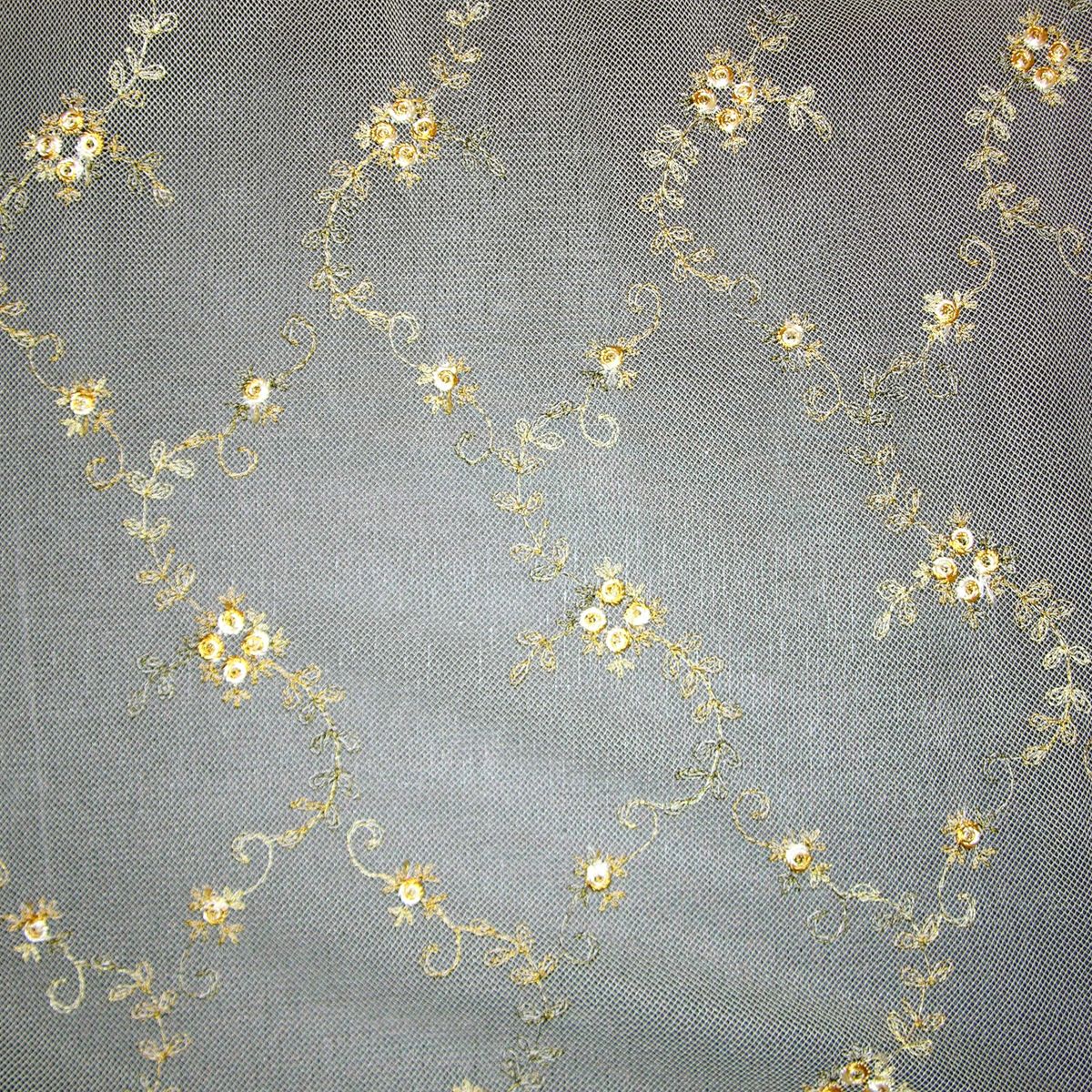 Bronze and olive embroidered floral lace on sheer mesh with delicate vine motifs; ideal for bridal/evening gowns.