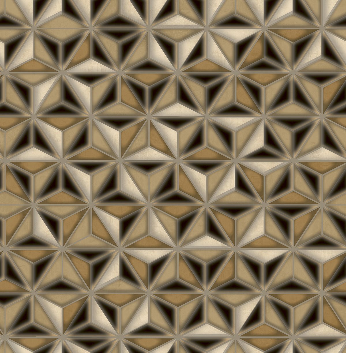 Gold bronze 3D star-cube geometric pattern; metallic facets tessellate into repeating diamond tiles.