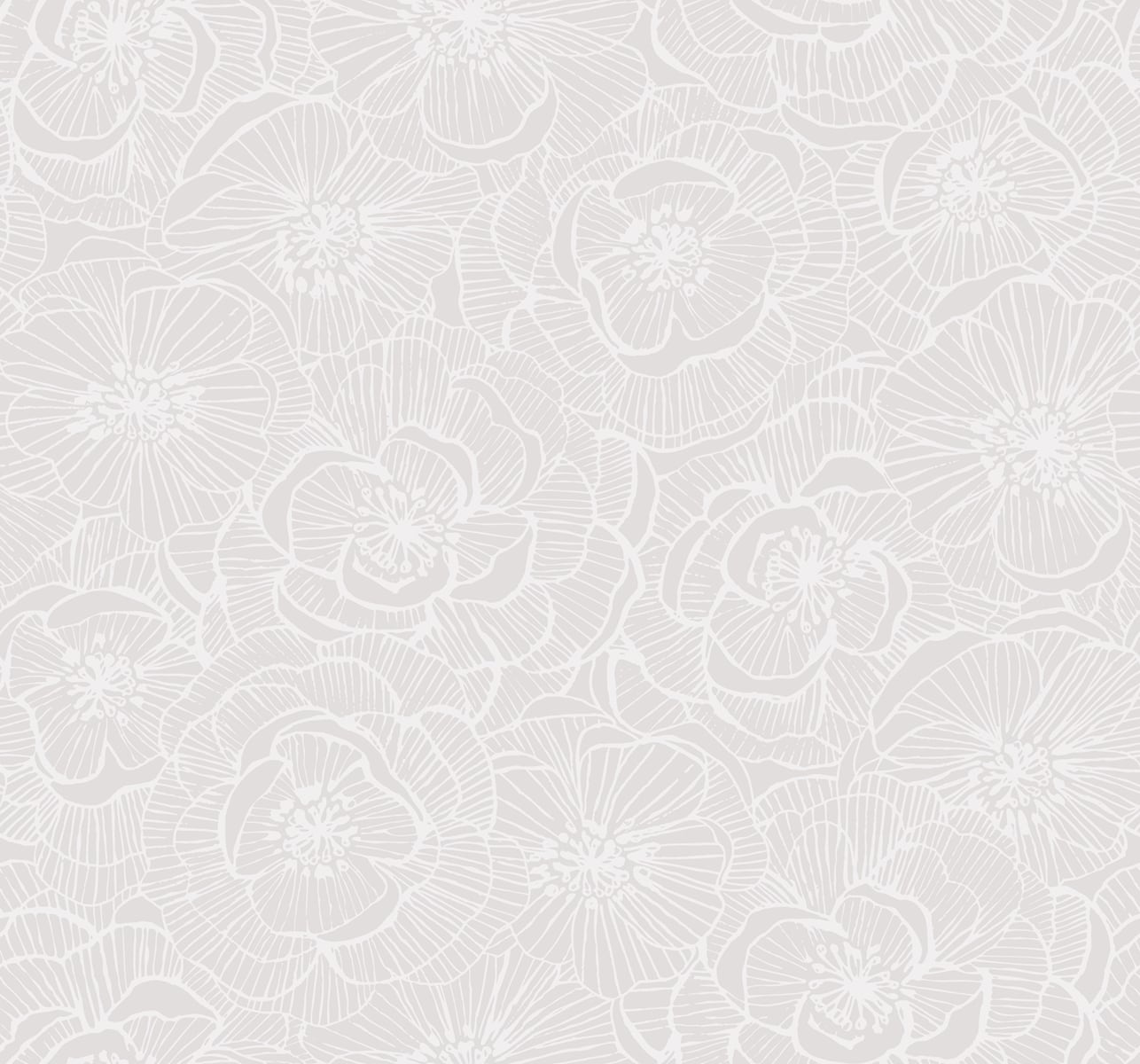 Cream wallpaper with white floral line-drawn blossoms in a decorative damask pattern.