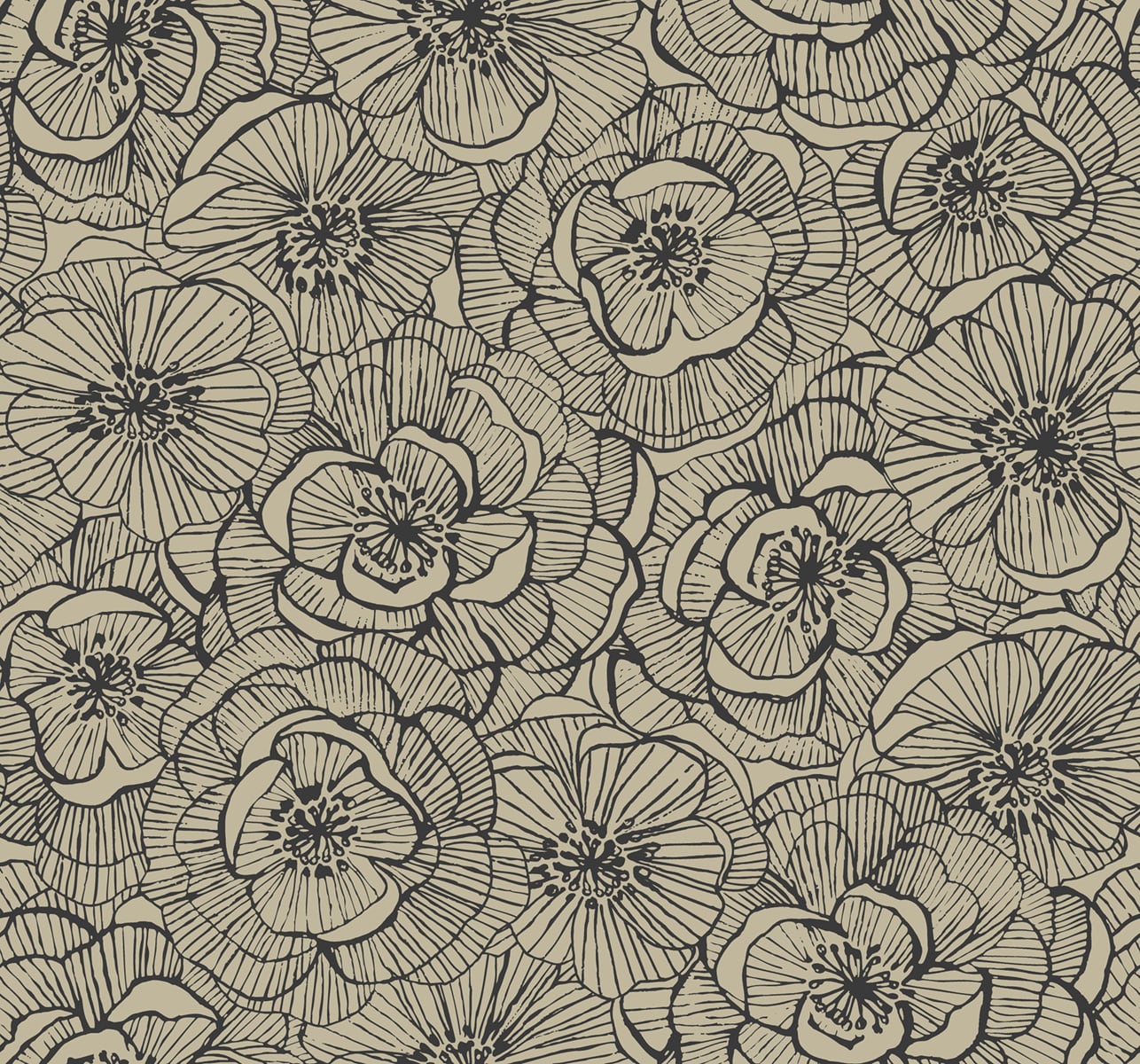 Beige fabric with black line floral pattern of large poppy-like blooms; vintage botanical textile for upholstery.
