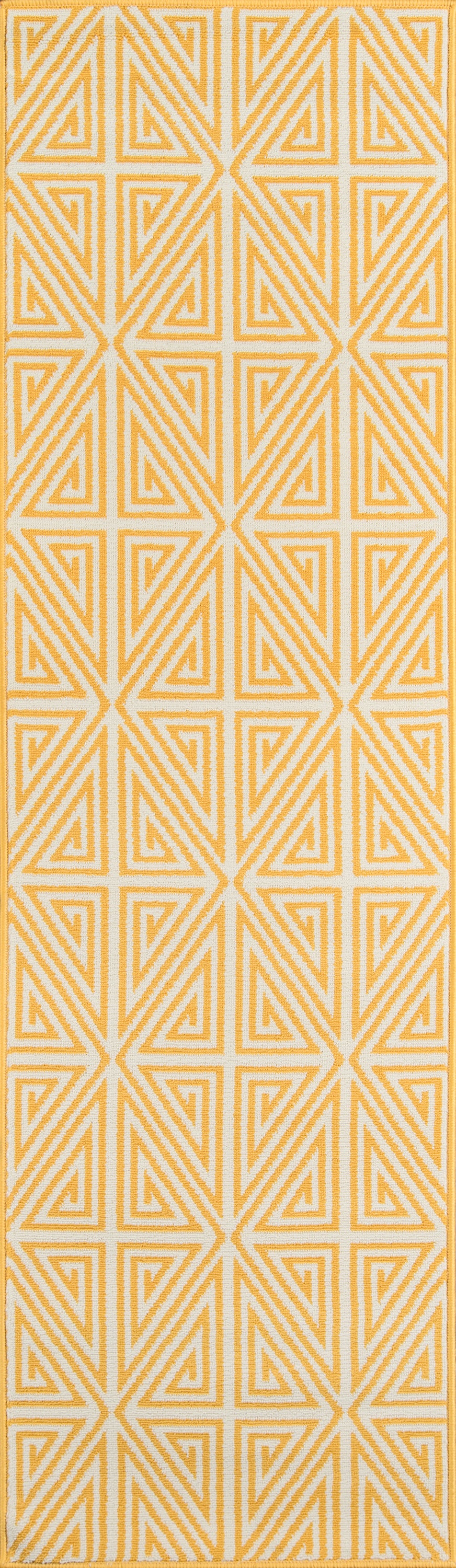 Yellow and cream woven rug with bold geometric maze triangles; 5' x 8' area rug.