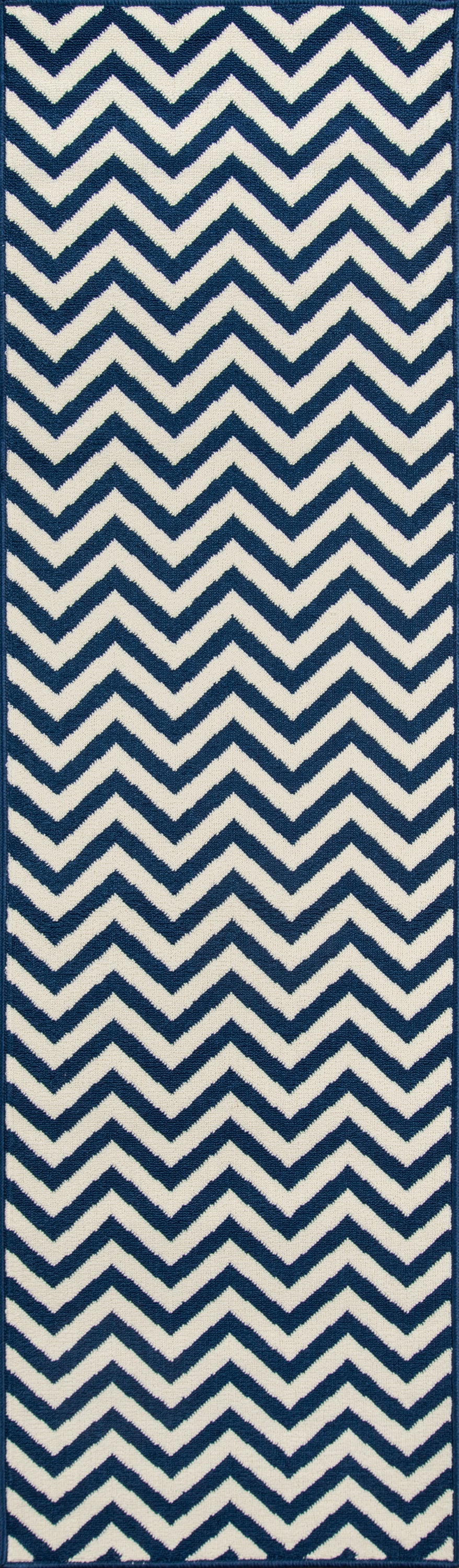 Navy and white chevron rug with bold zigzag pattern, rectangular coastal design.
