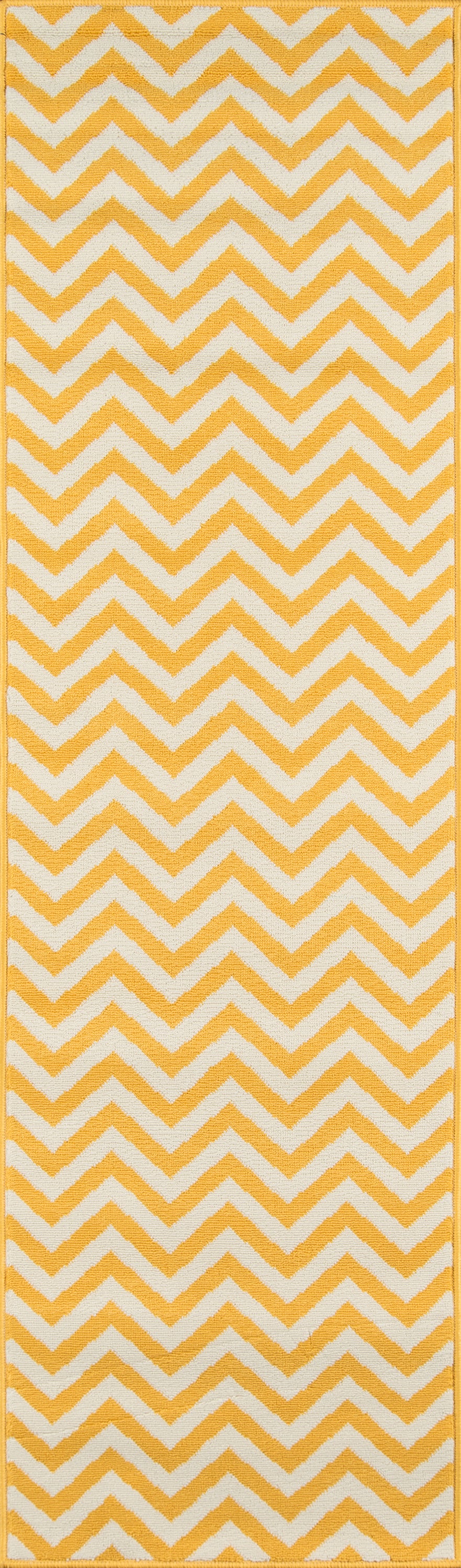 Yellow and white chevron area rug, woven textile, 5' x 8', for hallway or entryway.
